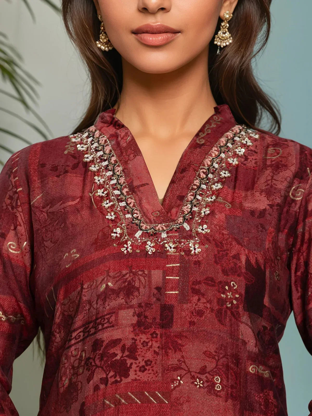 Buy Poly Viscose Embroidered Straight Calf Length Kurta with Pant and Dupatta-Red