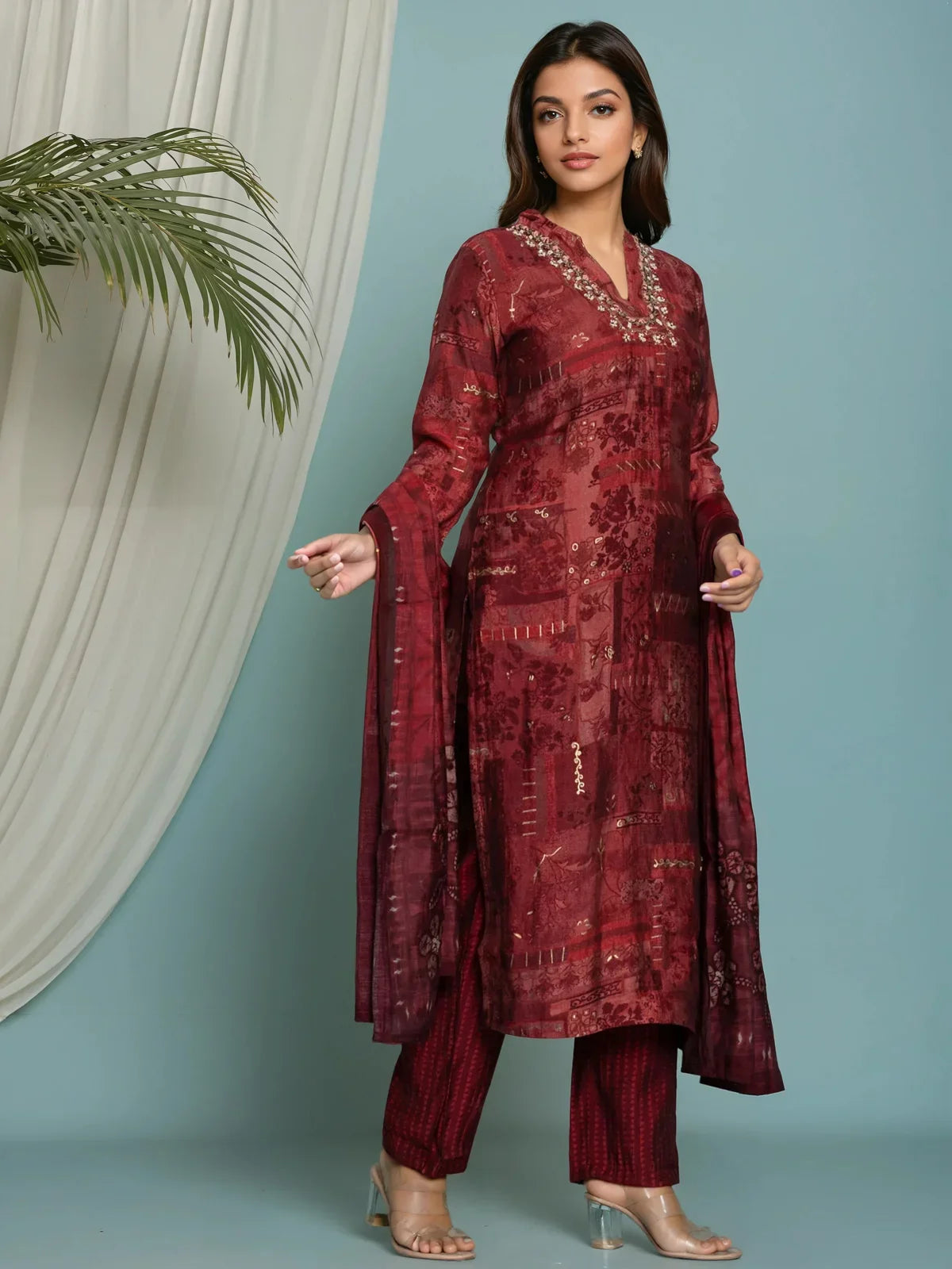 Buy Poly Viscose Embroidered Straight Calf Length Kurta with Pant and Dupatta-Red