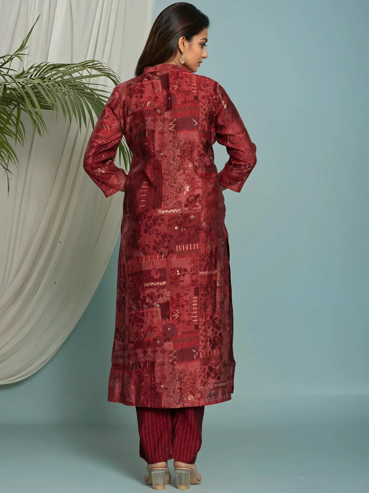 Buy Poly Viscose Embroidered Straight Calf Length Kurta with Pant and Dupatta-Red