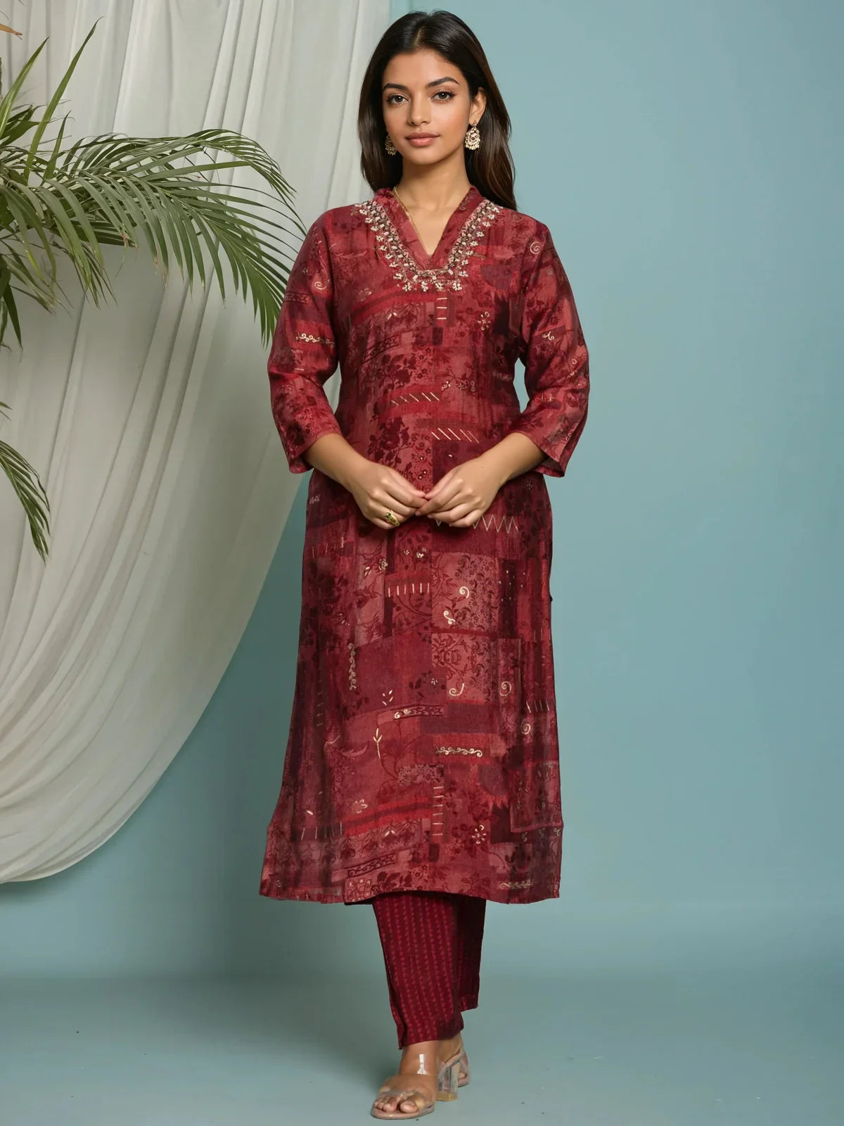 Buy Poly Viscose Embroidered Straight Calf Length Kurta with Pant and Dupatta-Red