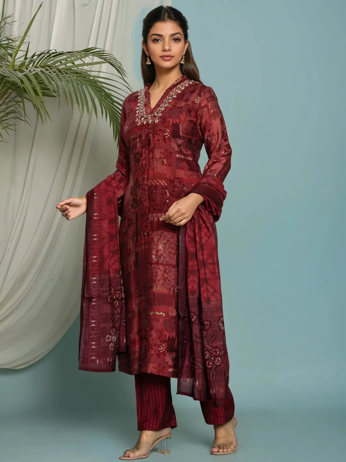 Buy Poly Viscose Embroidered Straight Calf Length Kurta with Pant and Dupatta-Red