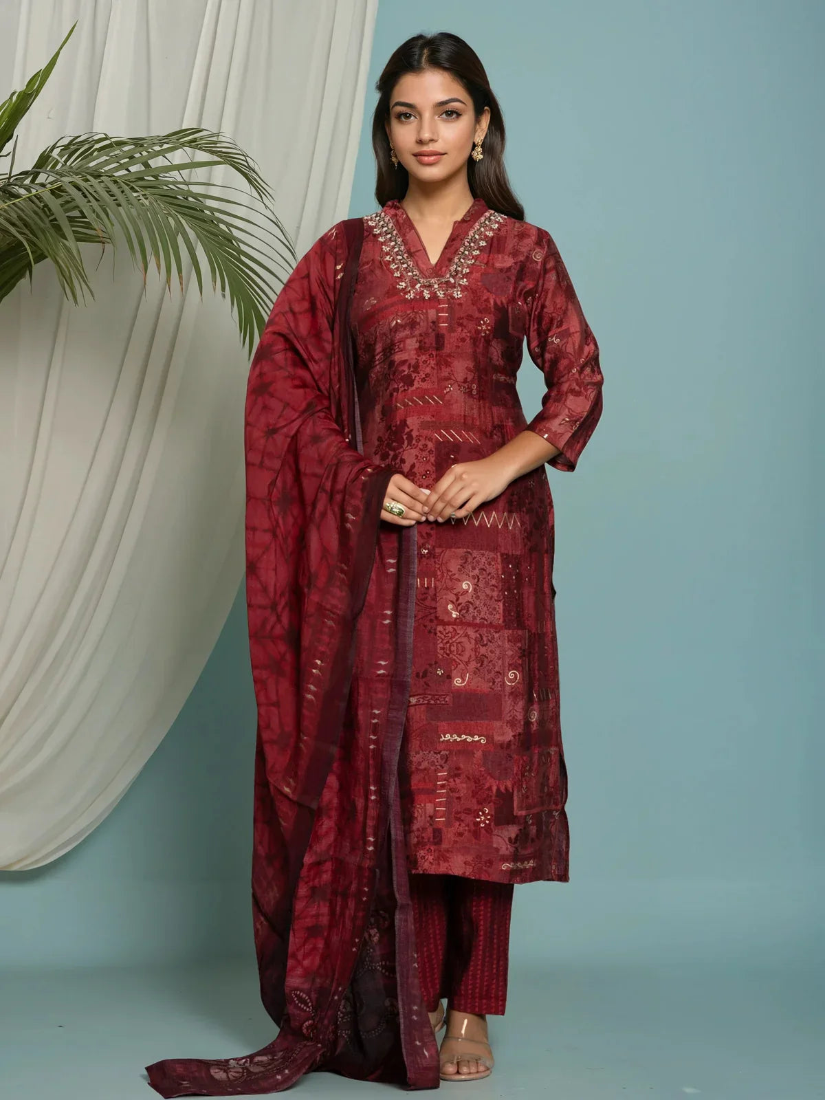 Buy Poly Viscose Embroidered Straight Calf Length Kurta with Pant and Dupatta-Red