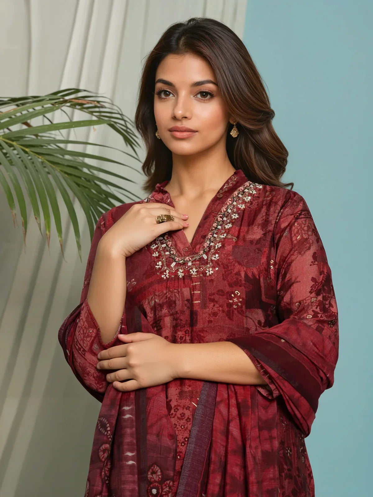 Buy Poly Viscose Embroidered Straight Calf Length Kurta with Pant and Dupatta-Red