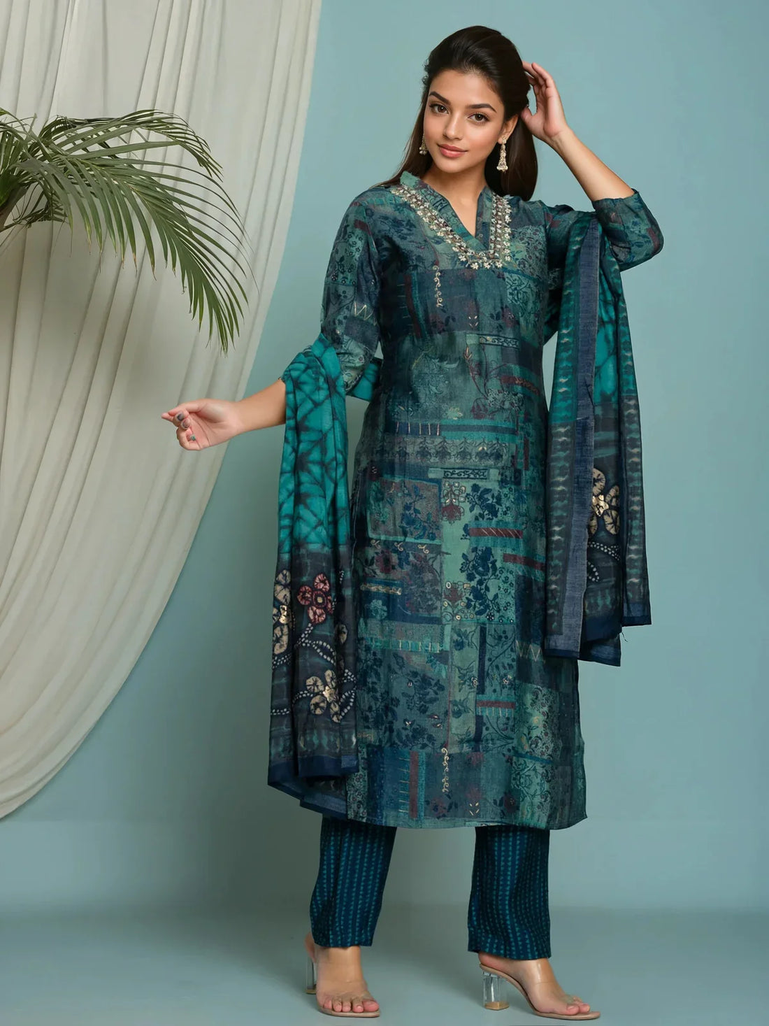 Buy Poly Viscose Embroidered Straight Calf Length Kurta with Pant and Dupatta-Teal