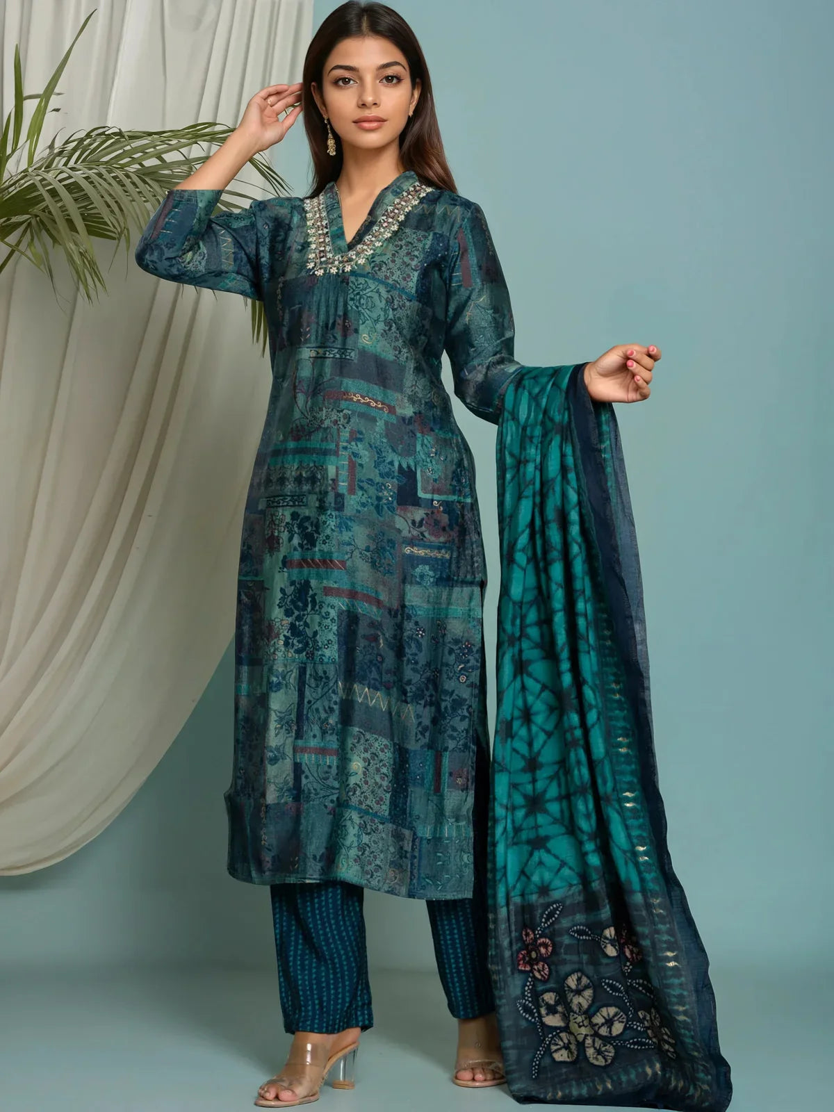 Buy Poly Viscose Embroidered Straight Calf Length Kurta with Pant and Dupatta-Teal