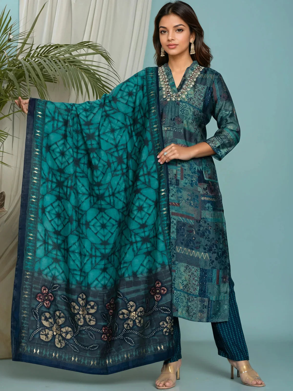 Buy Poly Viscose Embroidered Straight Calf Length Kurta with Pant and Dupatta-Teal
