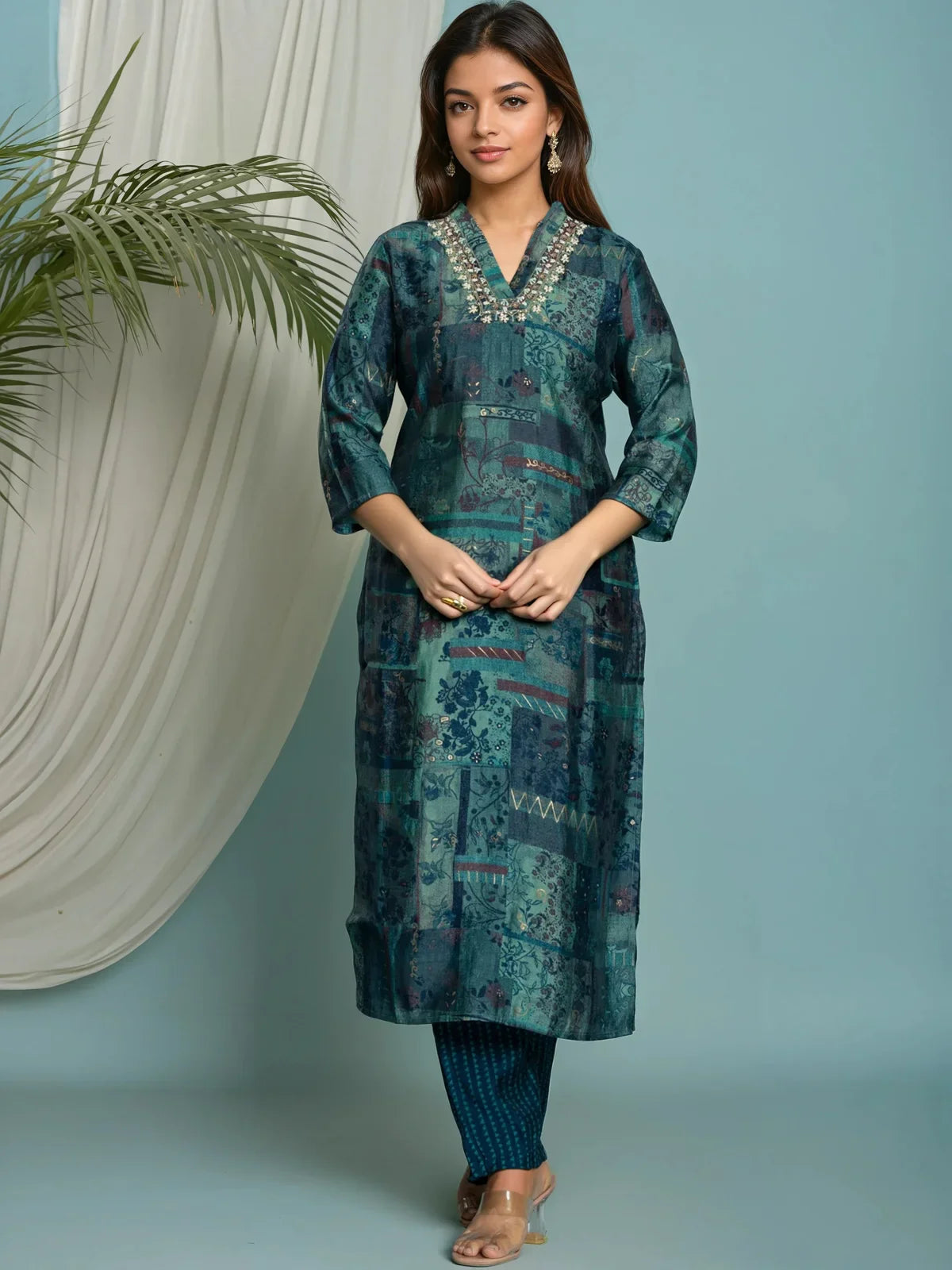 Buy Poly Viscose Embroidered Straight Calf Length Kurta with Pant and Dupatta-Teal