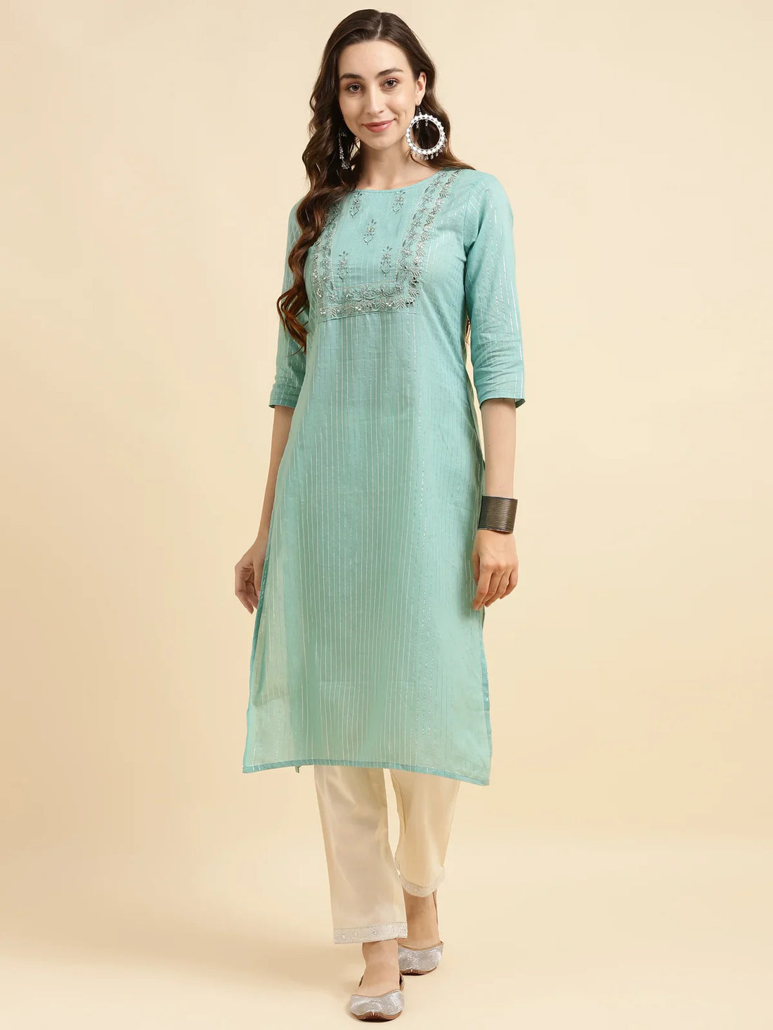 Buy Cotton Embroidered Straight Calf Length Kurta-Sea Green
