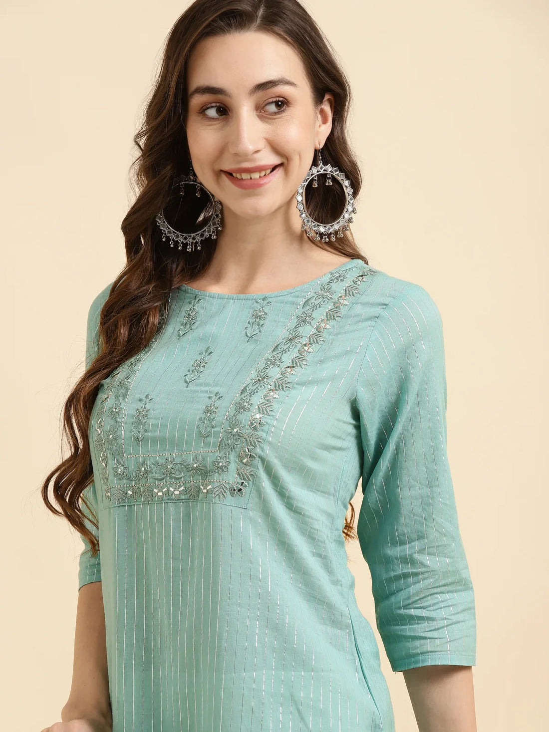 Buy Cotton Embroidered Straight Calf Length Kurta-Sea Green