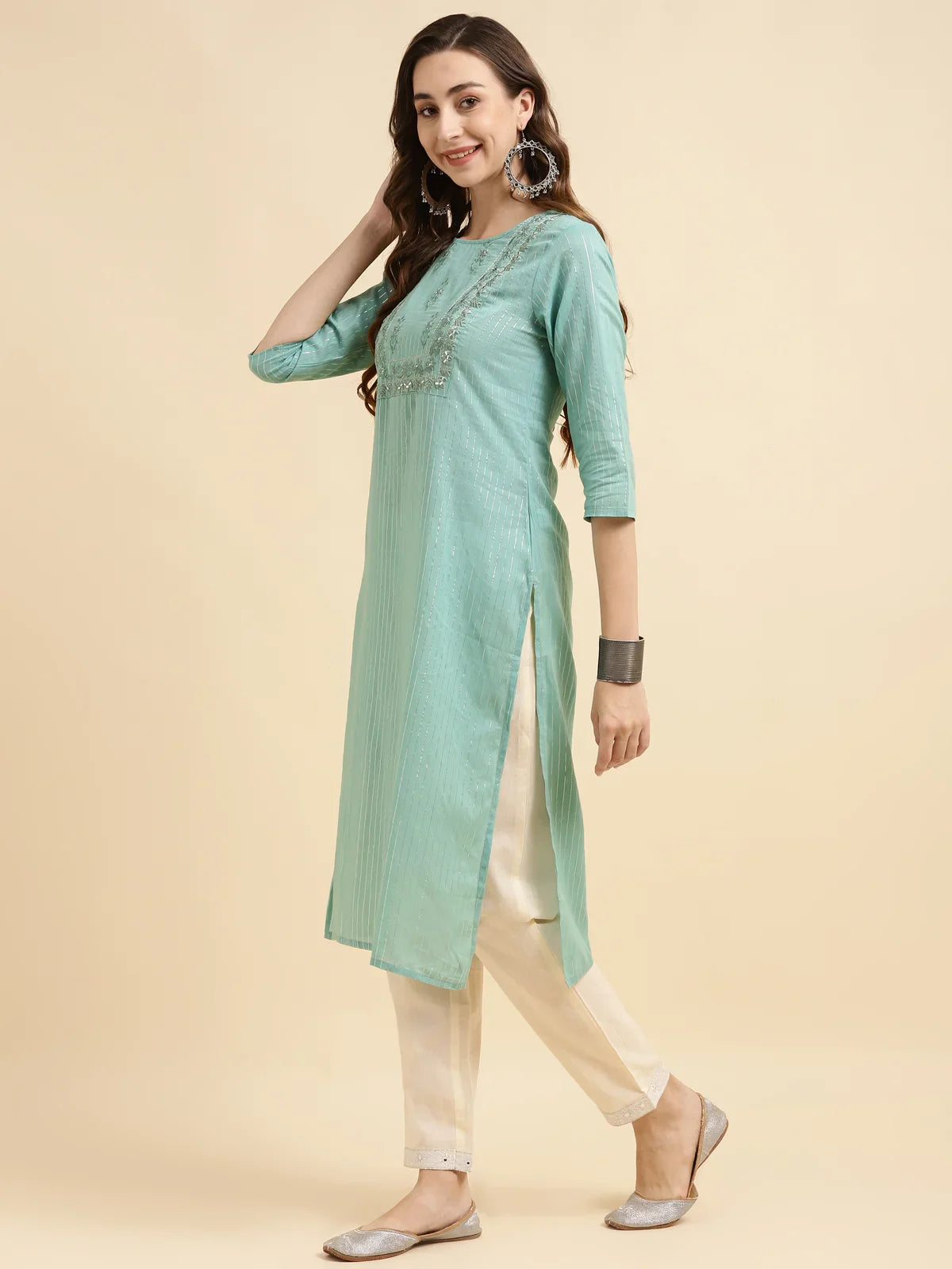 Buy Cotton Embroidered Straight Calf Length Kurta-Sea Green