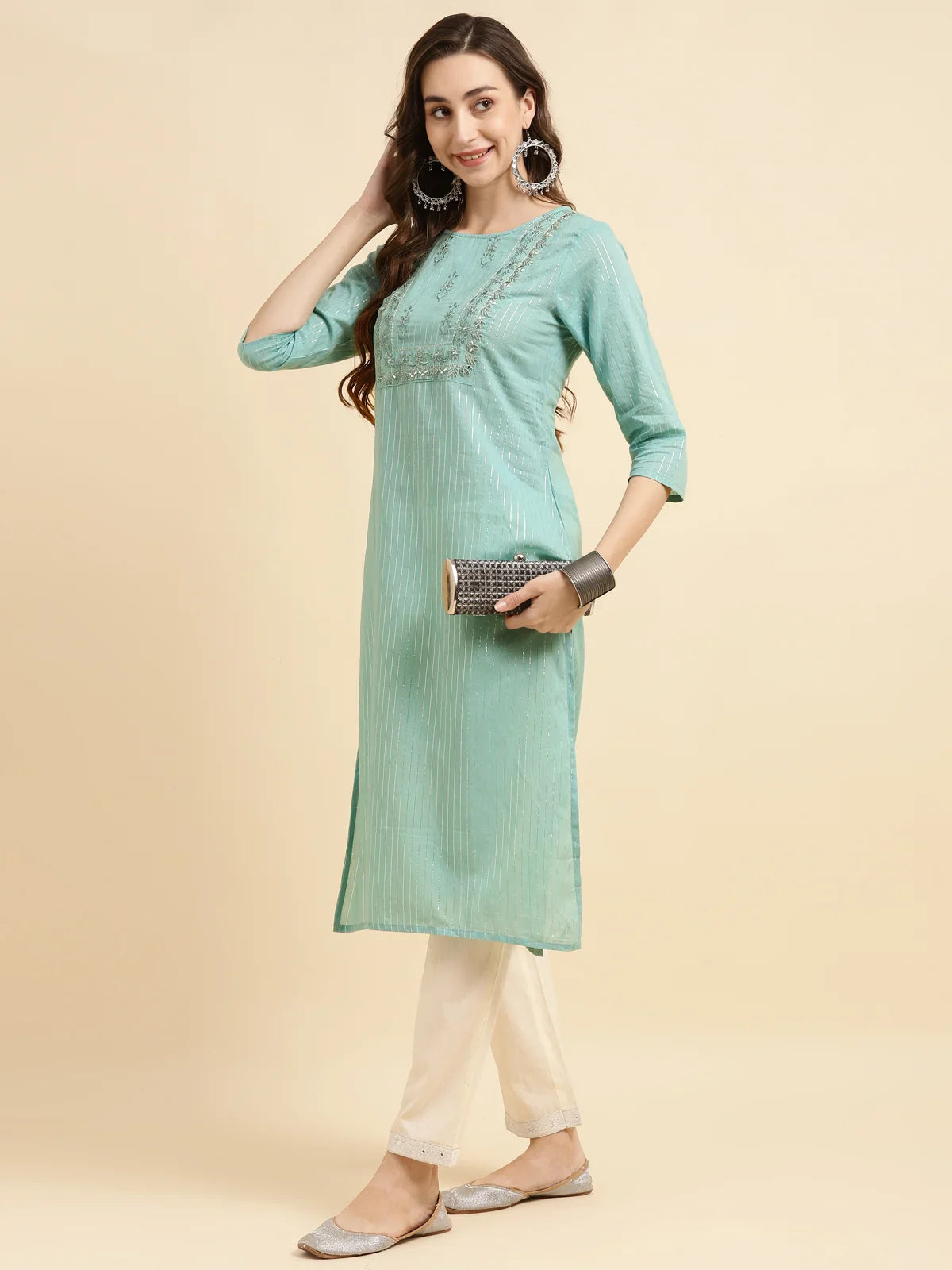 Buy Cotton Embroidered Straight Calf Length Kurta-Sea Green