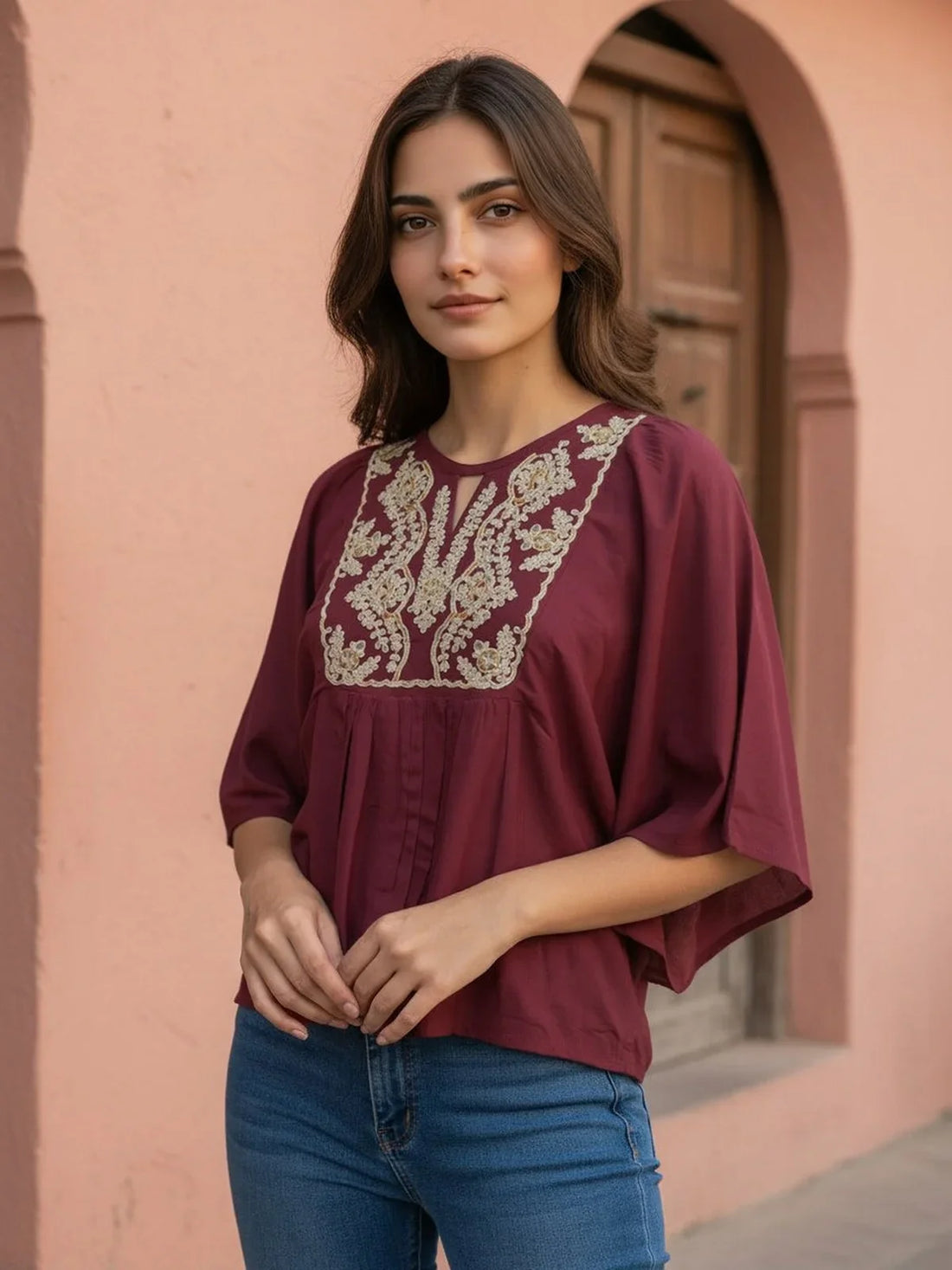 Buy Rayon Embroidered A-Line Short Length Short Kurti-Maroon