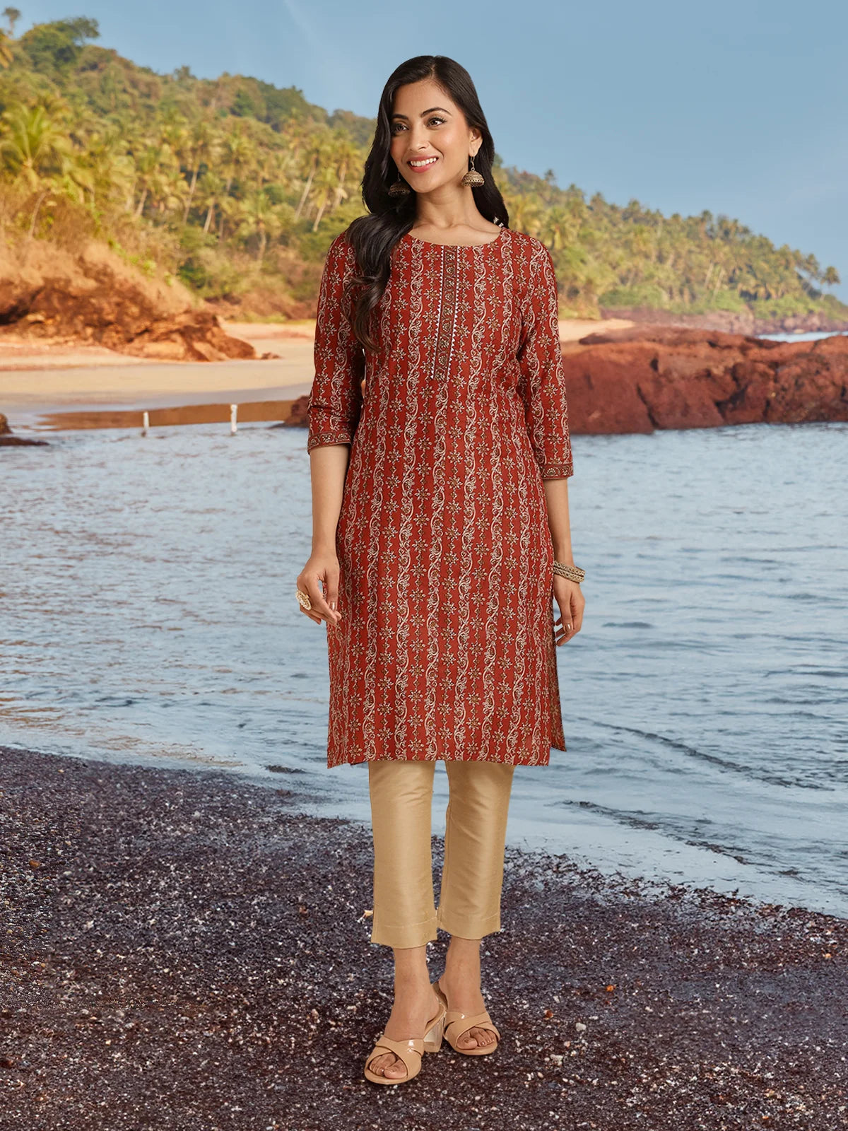 Buy Cotton Floral Printed Knee Length Straight Kurta-Rust