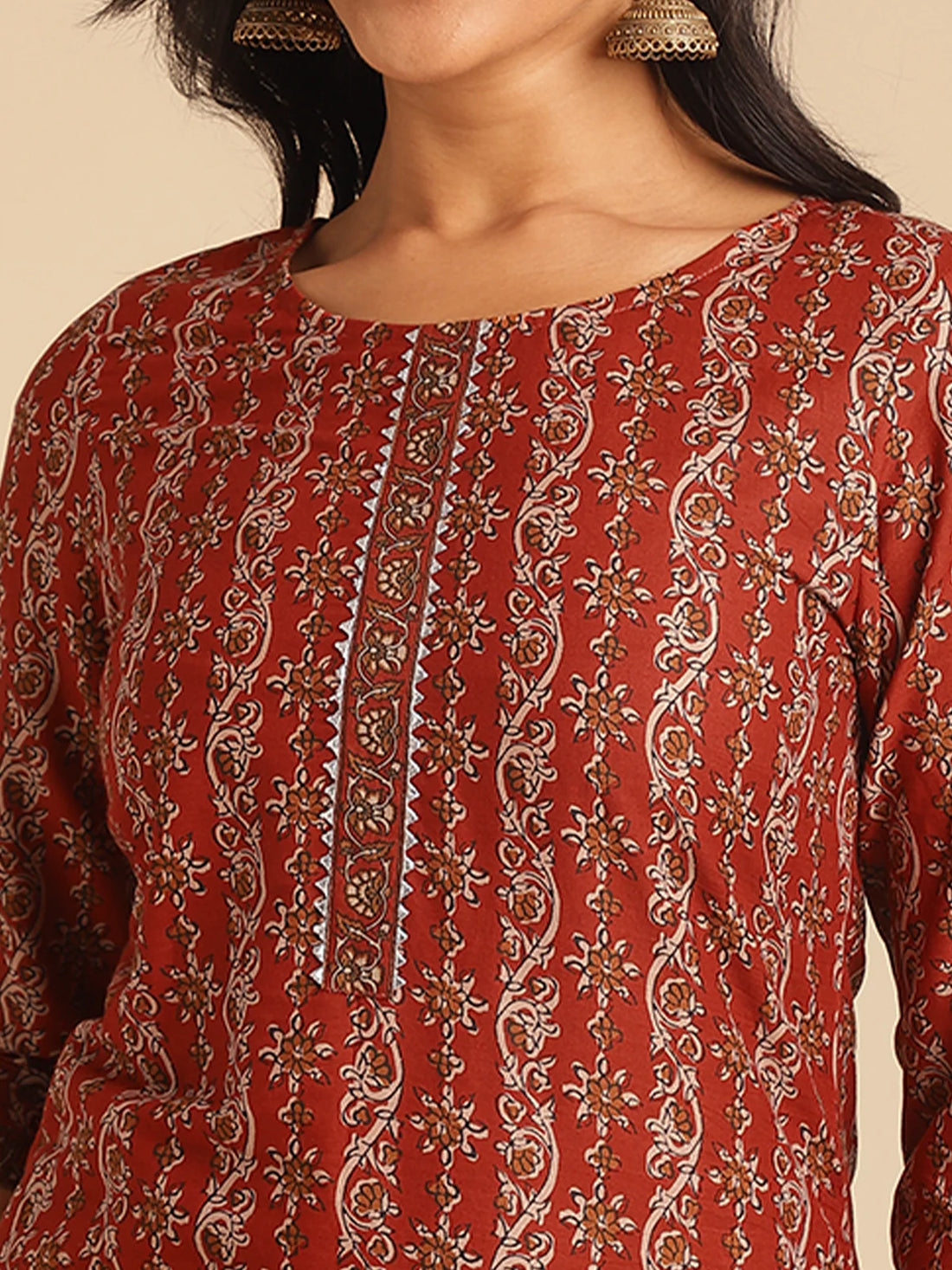 Buy Cotton Floral Printed Knee Length Straight Kurta-Rust