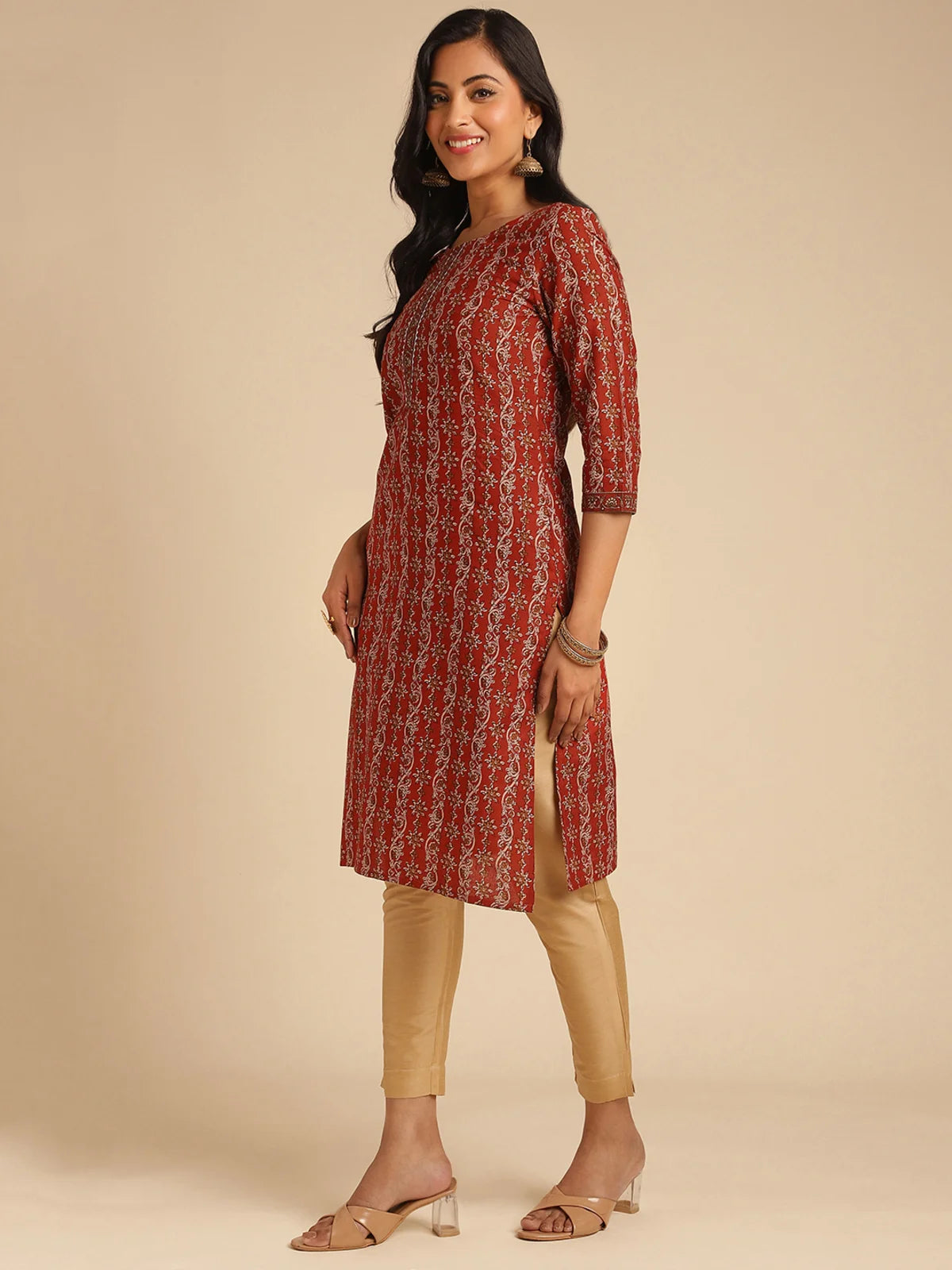 Buy Cotton Floral Printed Knee Length Straight Kurta-Rust