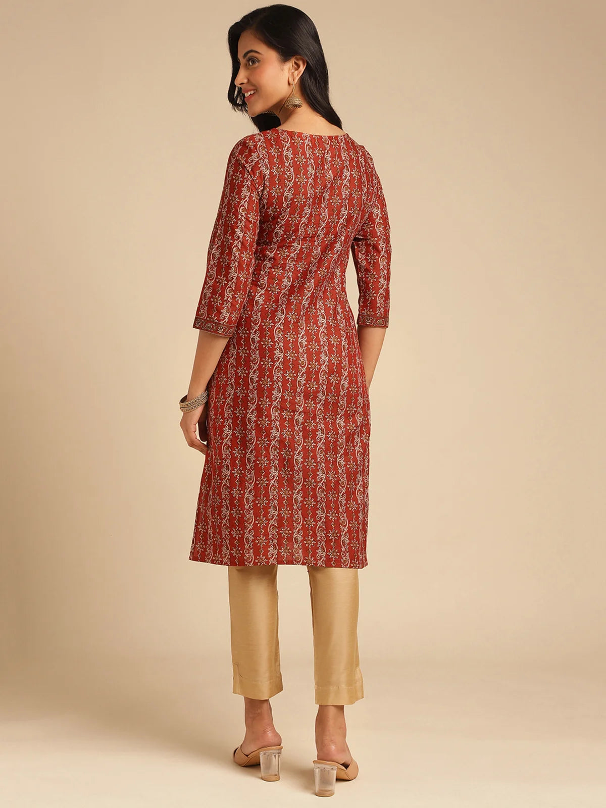 Buy Cotton Floral Printed Knee Length Straight Kurta-Rust