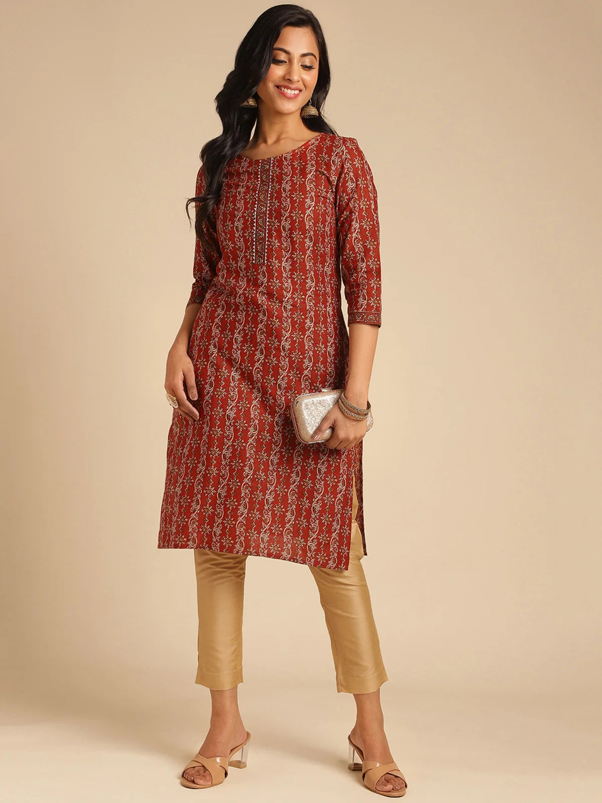 Buy Cotton Floral Printed Knee Length Straight Kurta-Rust