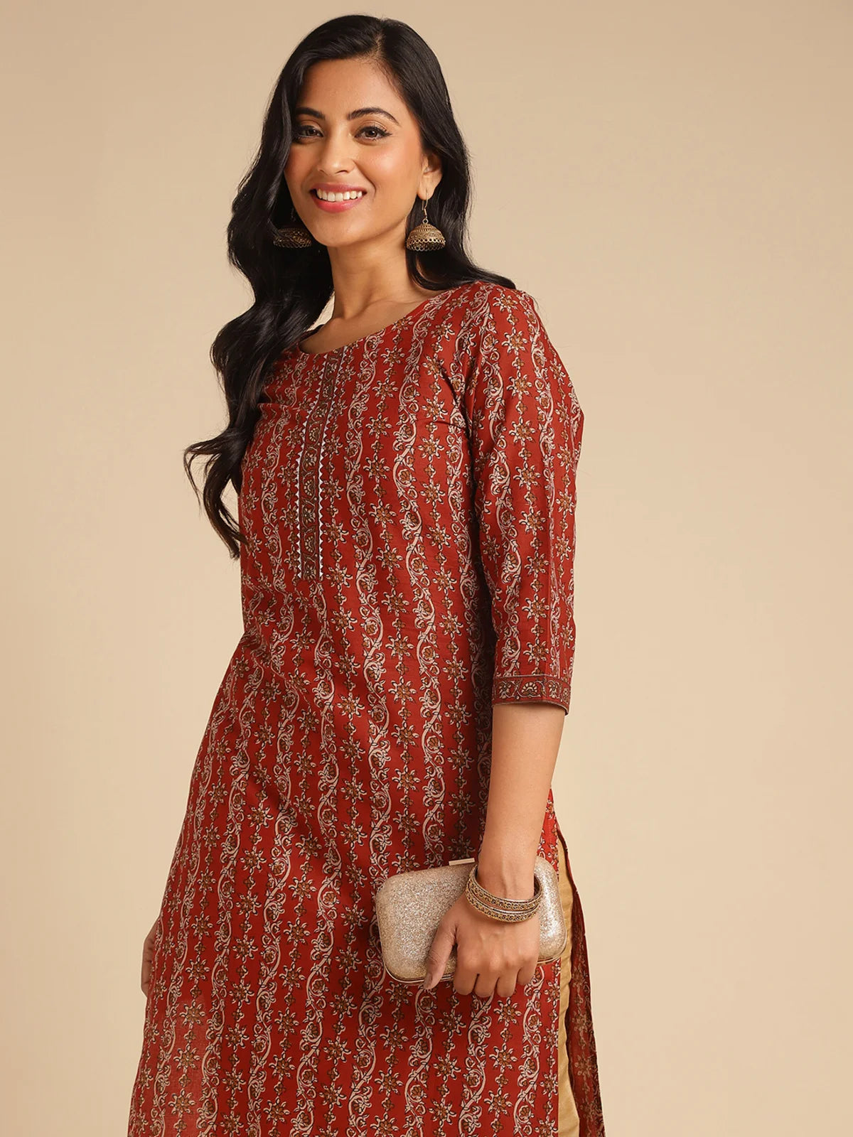 Buy Cotton Floral Printed Knee Length Straight Kurta-Rust