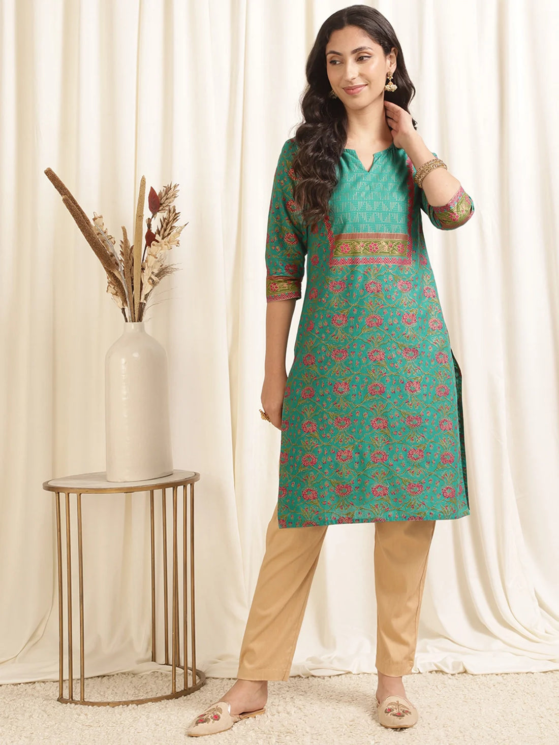 Buy Cotton Printed Knee Length Straight Kurta-Green