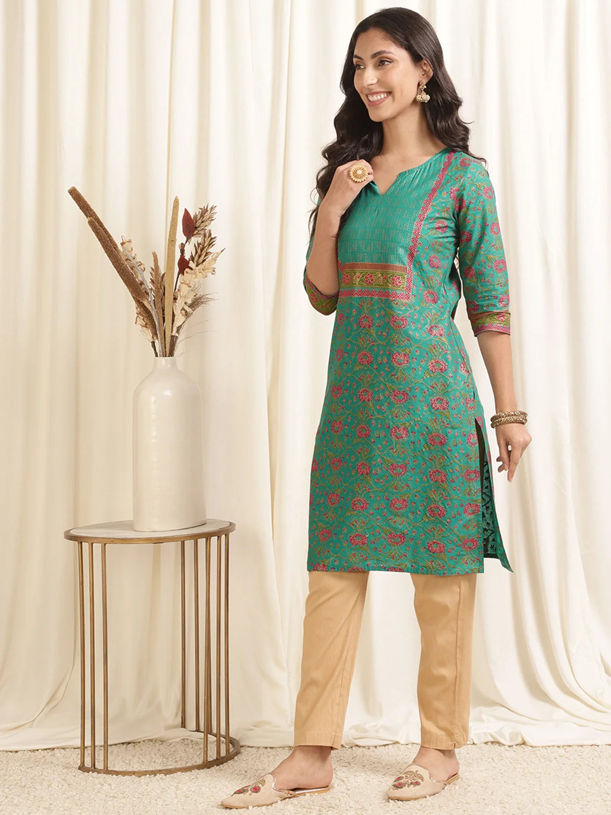 Buy Cotton Printed Knee Length Straight Kurta-Green