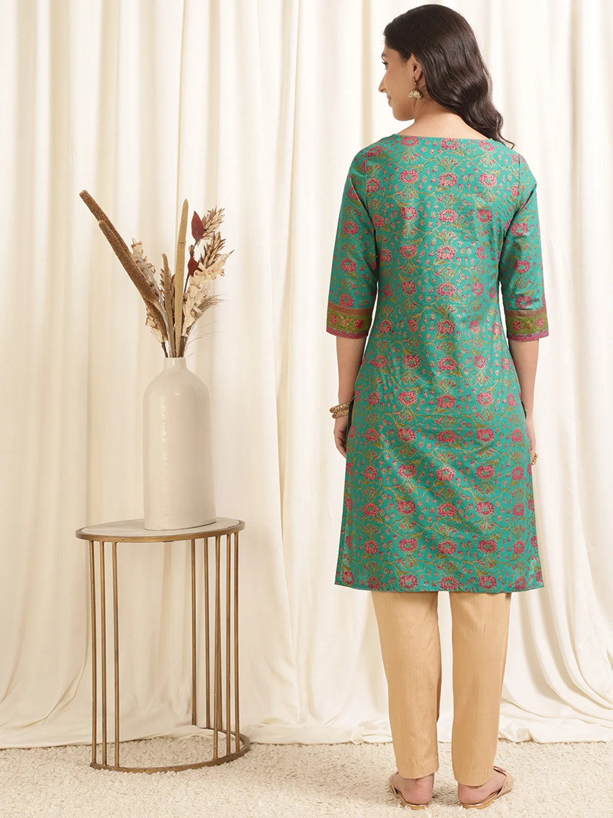 Buy Cotton Printed Knee Length Straight Kurta-Green