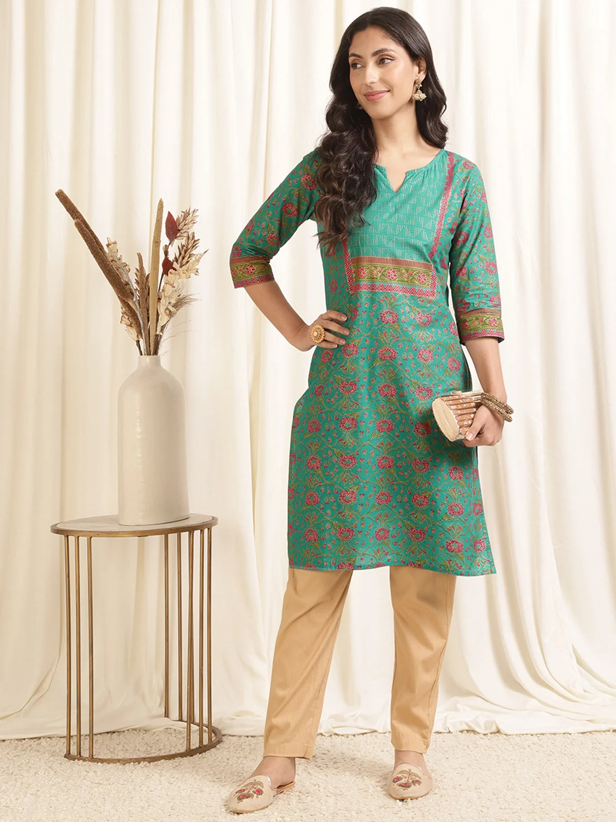 Buy Cotton Printed Knee Length Straight Kurta-Green