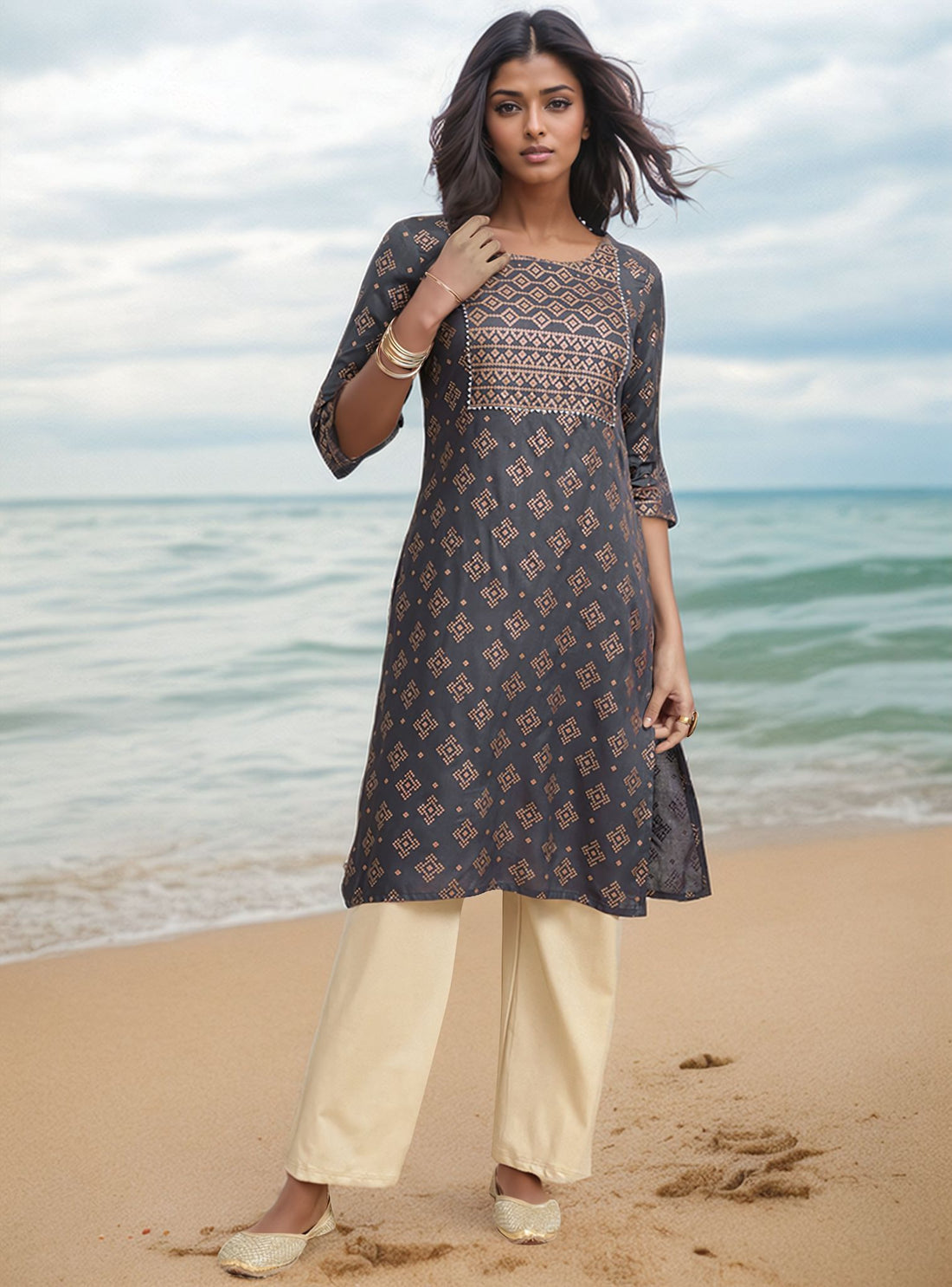 Buy Rayon Printed Calf Length Straight Kurta-Dark Grey