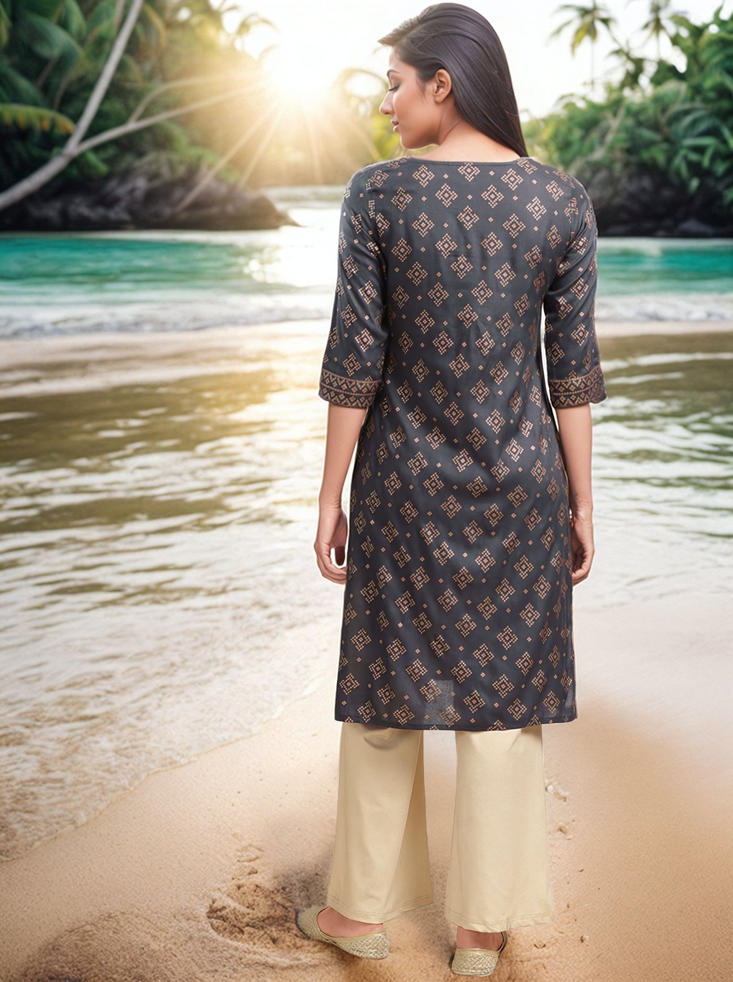 Buy Rayon Printed Calf Length Straight Kurta-Dark Grey