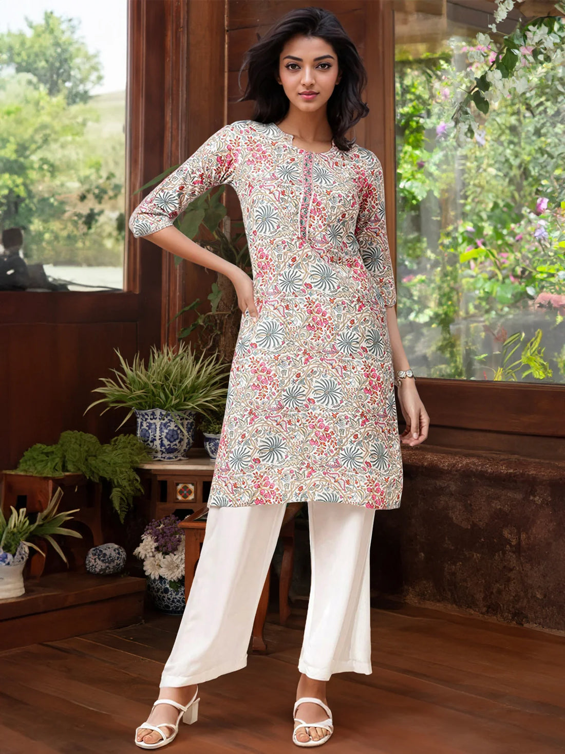 Buy Cotton Printed Knee Length Straight Kurta-White