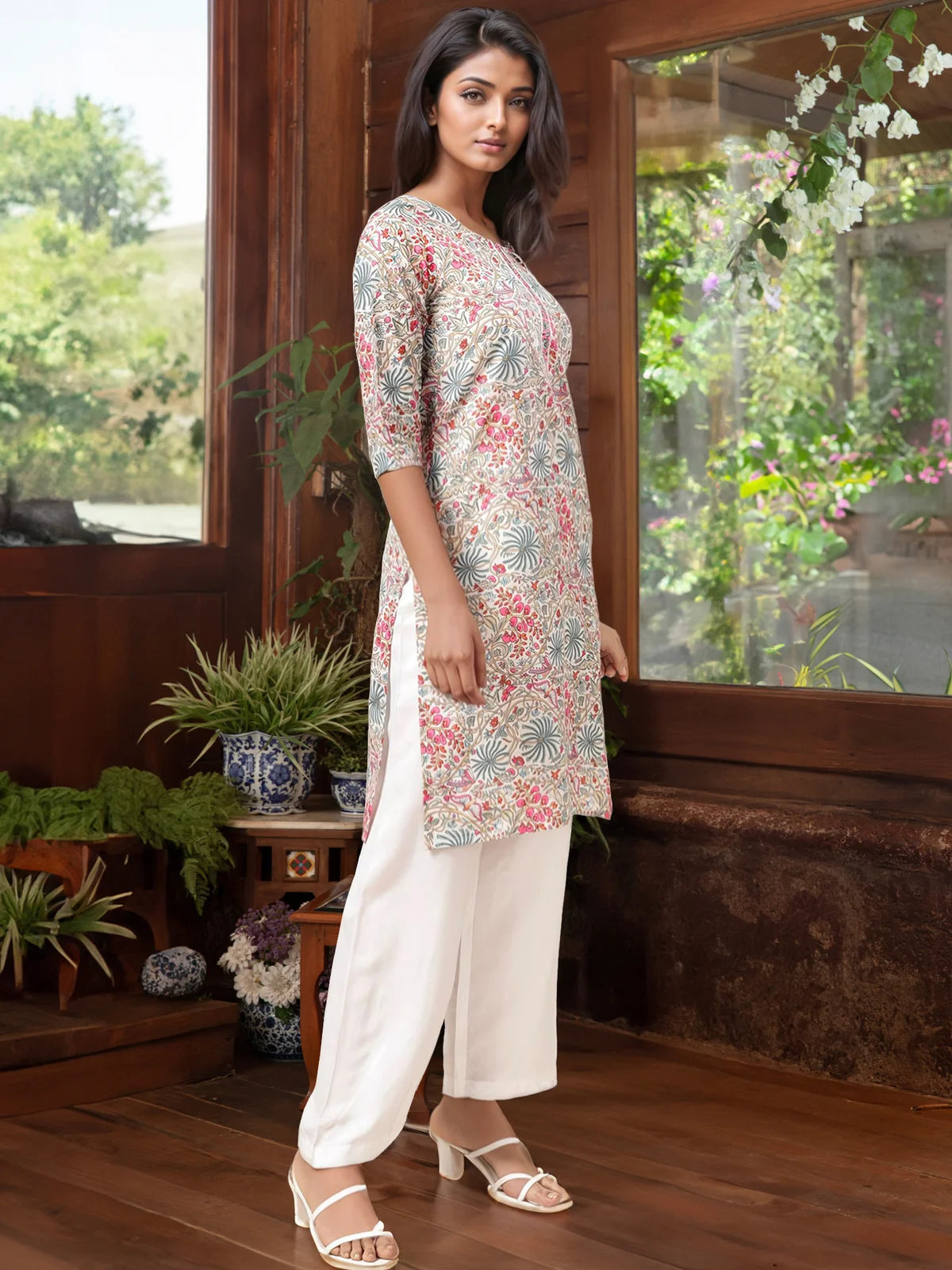 Buy Cotton Printed Knee Length Straight Kurta-White