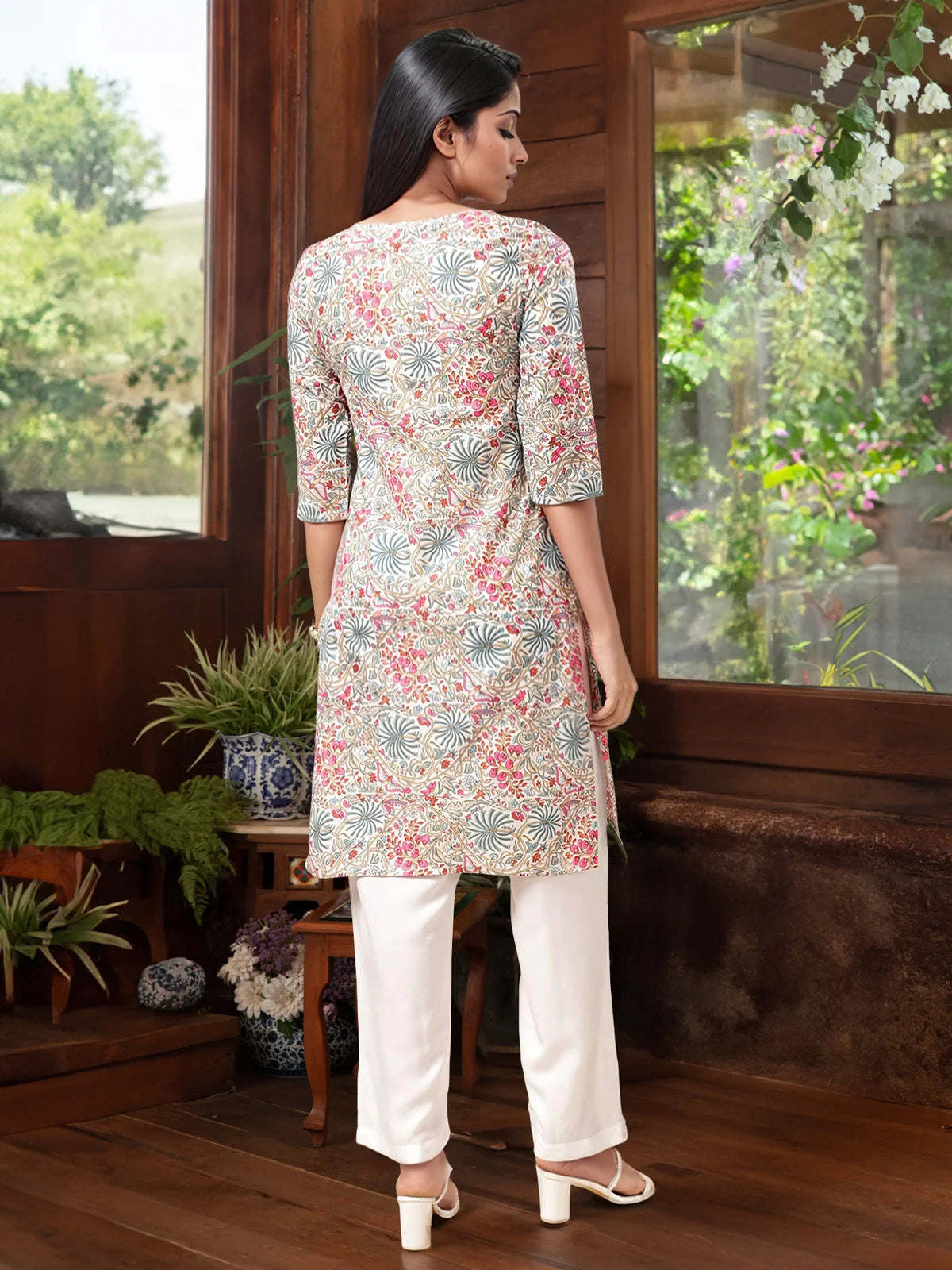 Buy Cotton Printed Knee Length Straight Kurta-White