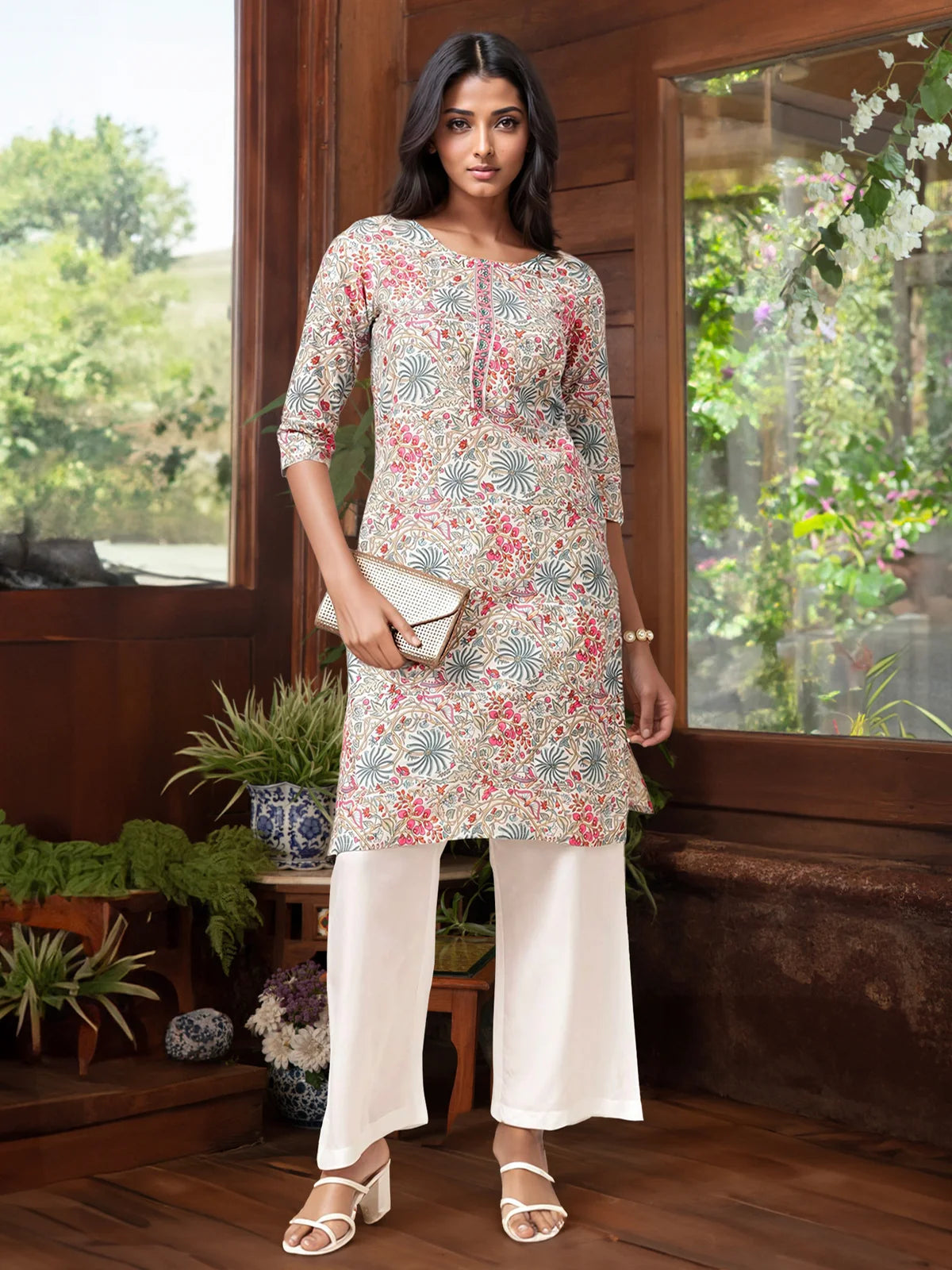 Buy Cotton Printed Knee Length Straight Kurta-White