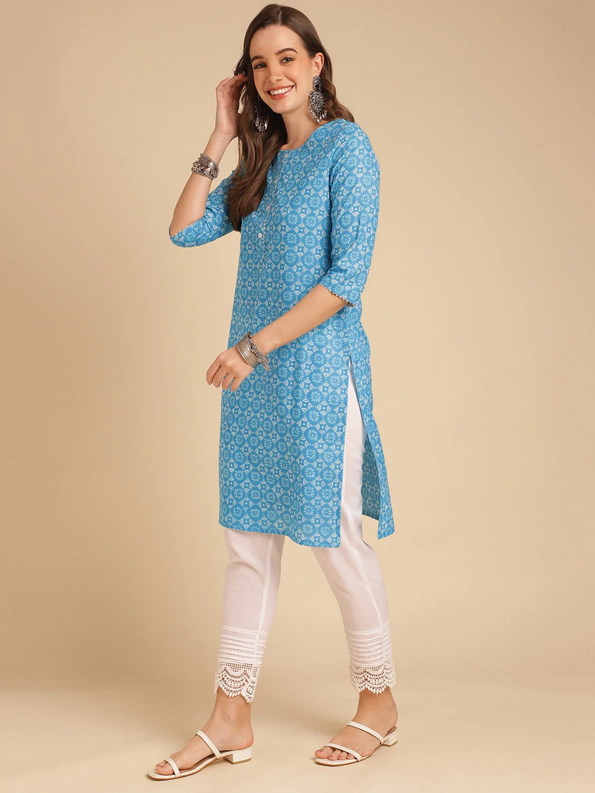 Buy Cotton Floral Printed Knee Length Straight Kurta-Blue