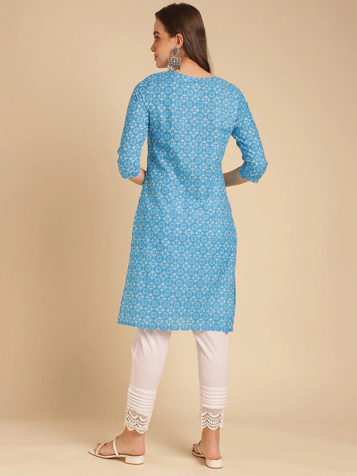 Buy Cotton Floral Printed Knee Length Straight Kurta-Blue