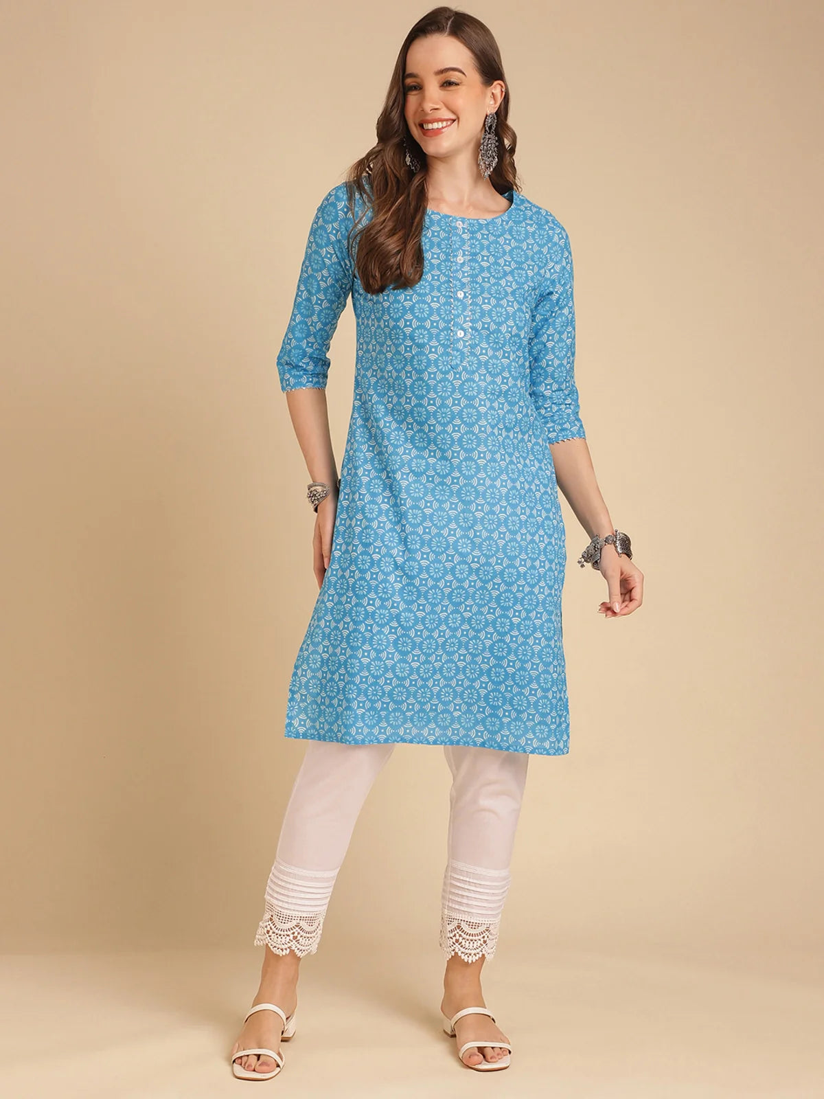 Buy Cotton Floral Printed Knee Length Straight Kurta-Blue