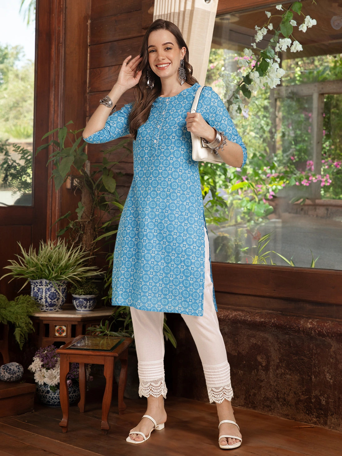 Buy Cotton Floral Printed Knee Length Straight Kurta-Blue