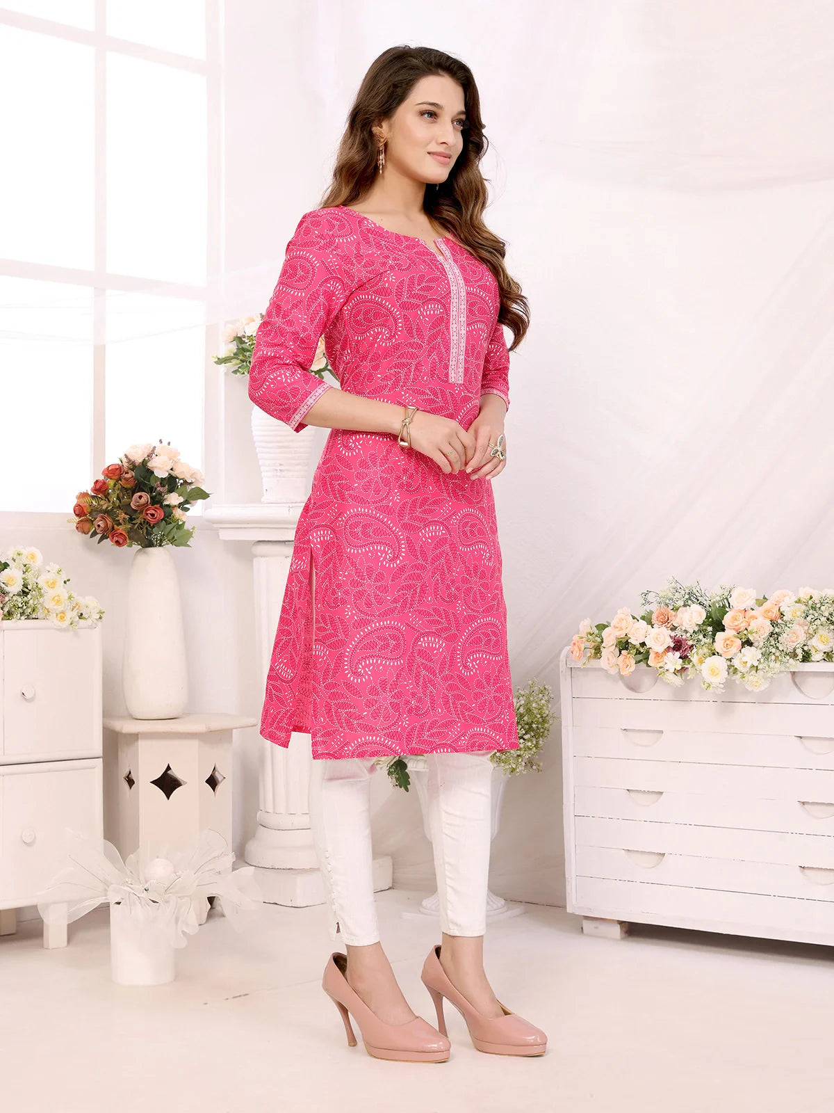 Buy Cotton Printed Calf Length Straight Kurta-Pink