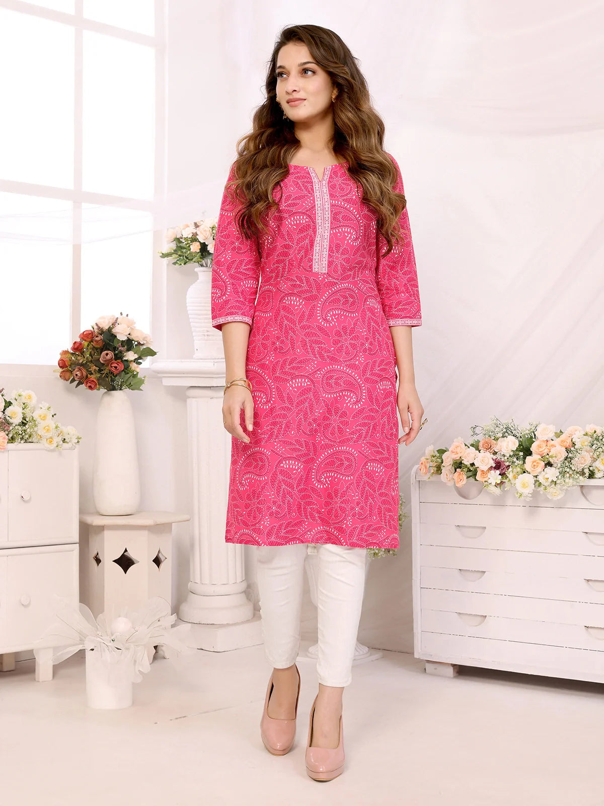 Buy Cotton Printed Calf Length Straight Kurta-Pink