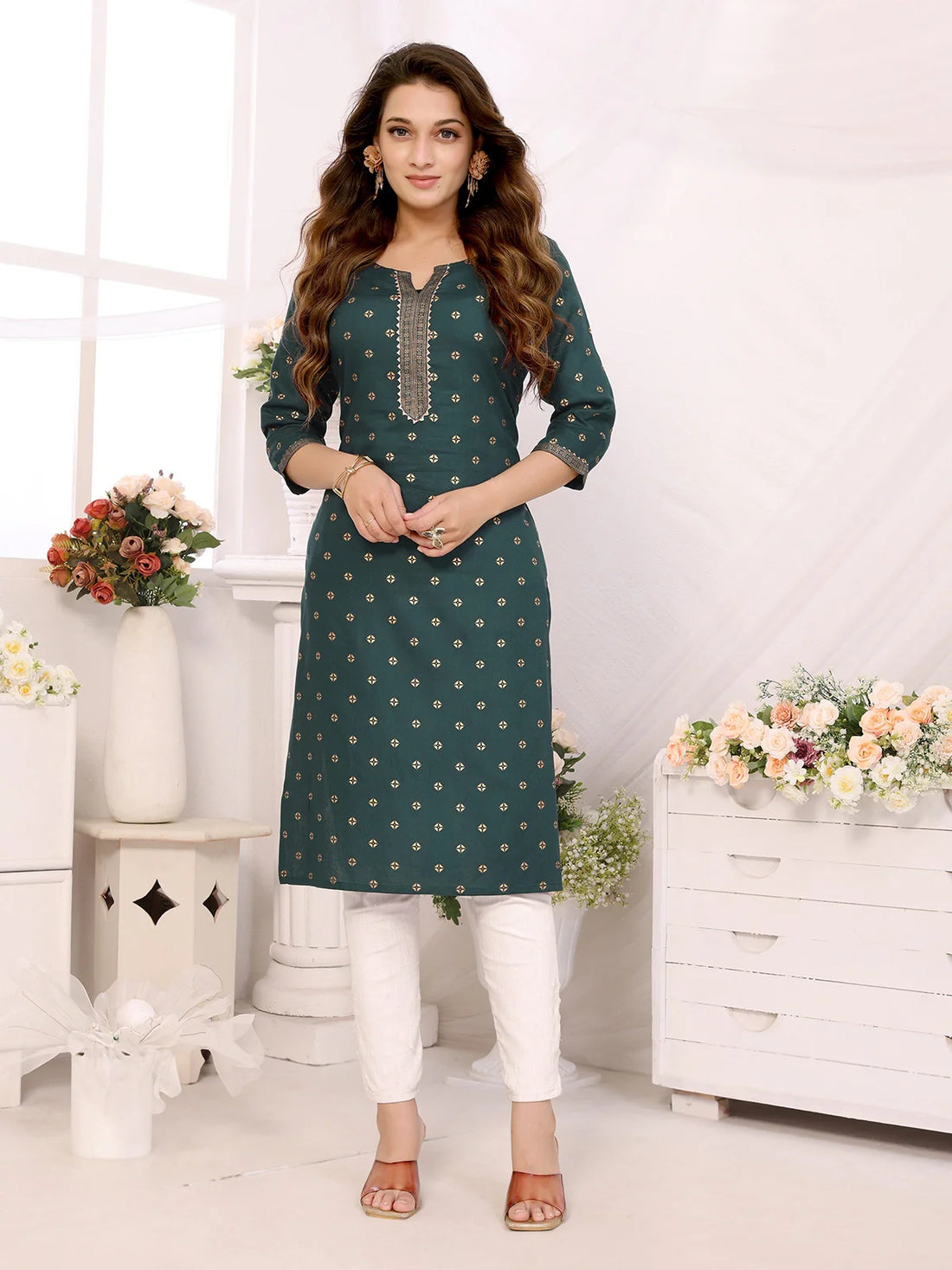 Buy Rayon Printed Calf Length Straight Kurta-Green