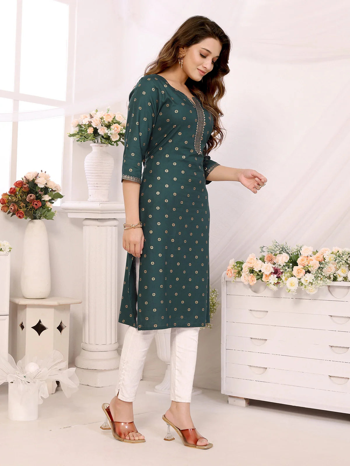 Buy Rayon Printed Calf Length Straight Kurta-Green