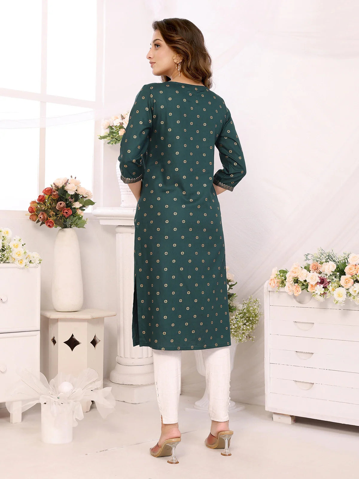 Buy Rayon Printed Calf Length Straight Kurta-Green