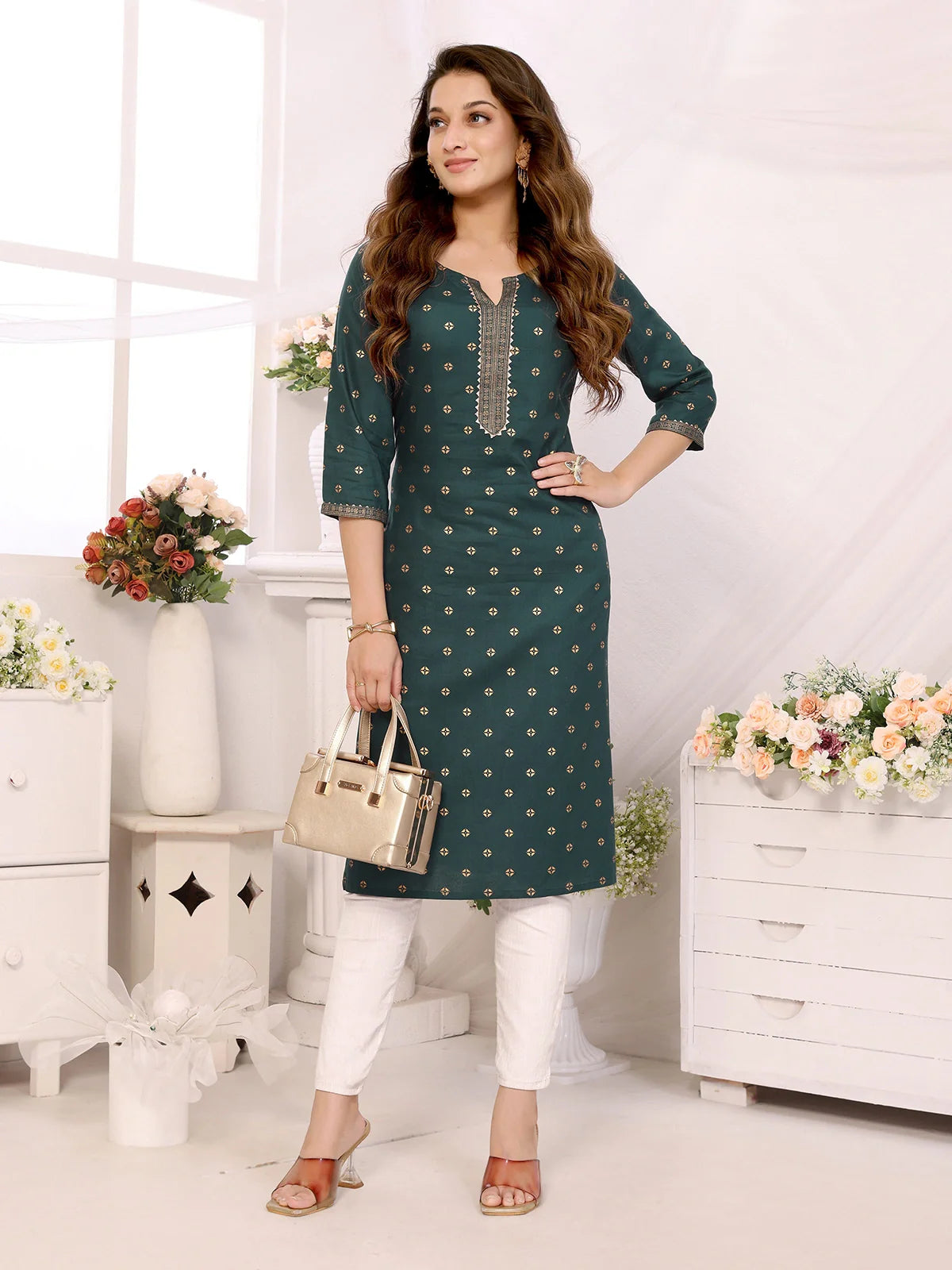 Buy Rayon Printed Calf Length Straight Kurta-Green