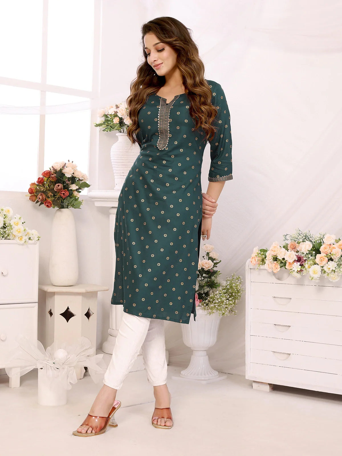 Buy Rayon Printed Calf Length Straight Kurta-Green