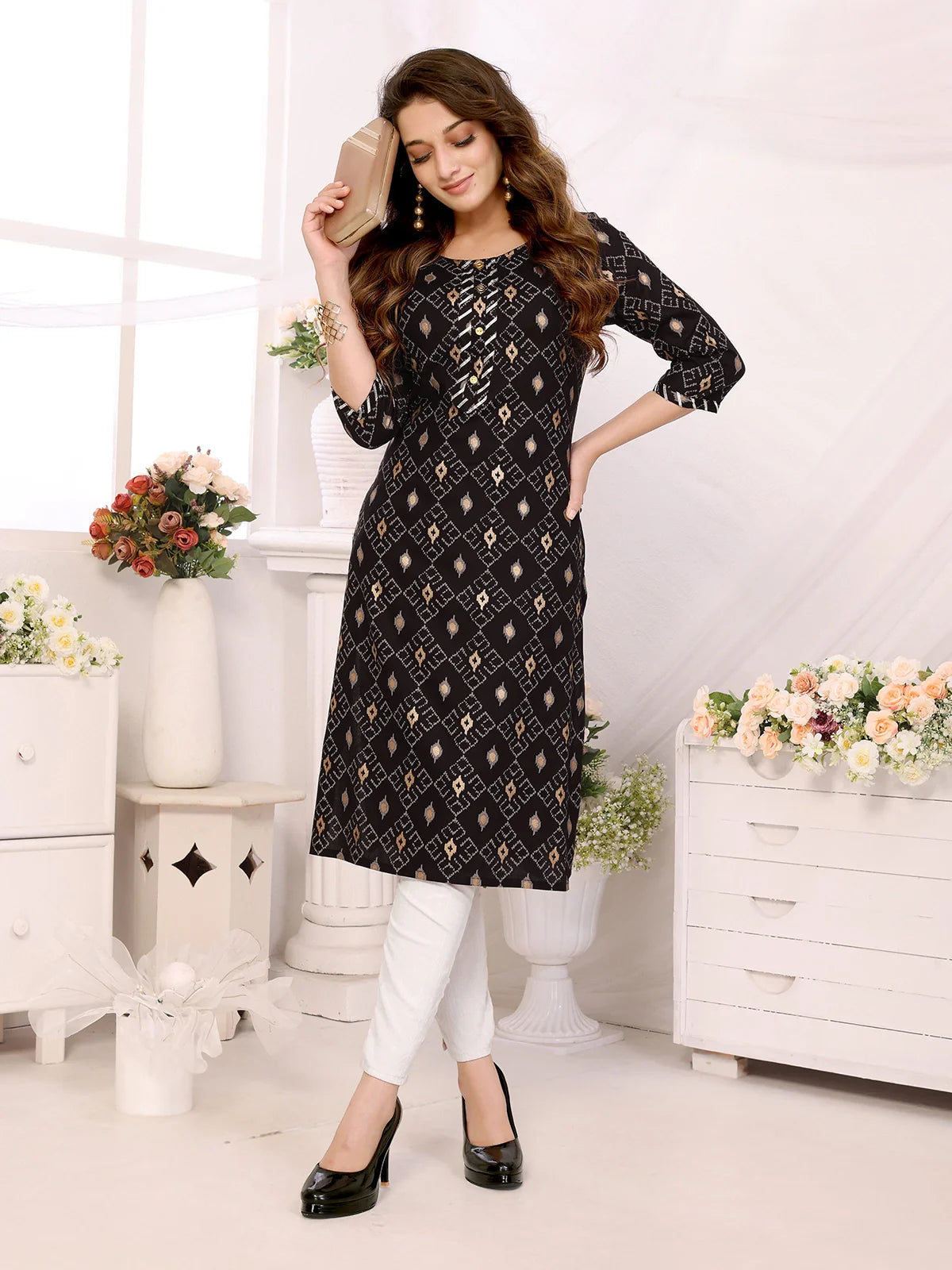 Buy Rayon Printed Calf Length Straight Kurta-Black