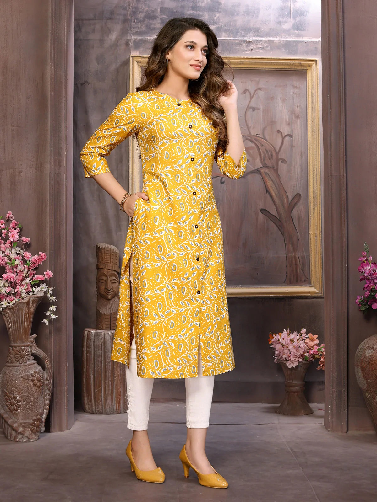 Buy Rayon Printed Calf Length Straight Kurta-Mustard