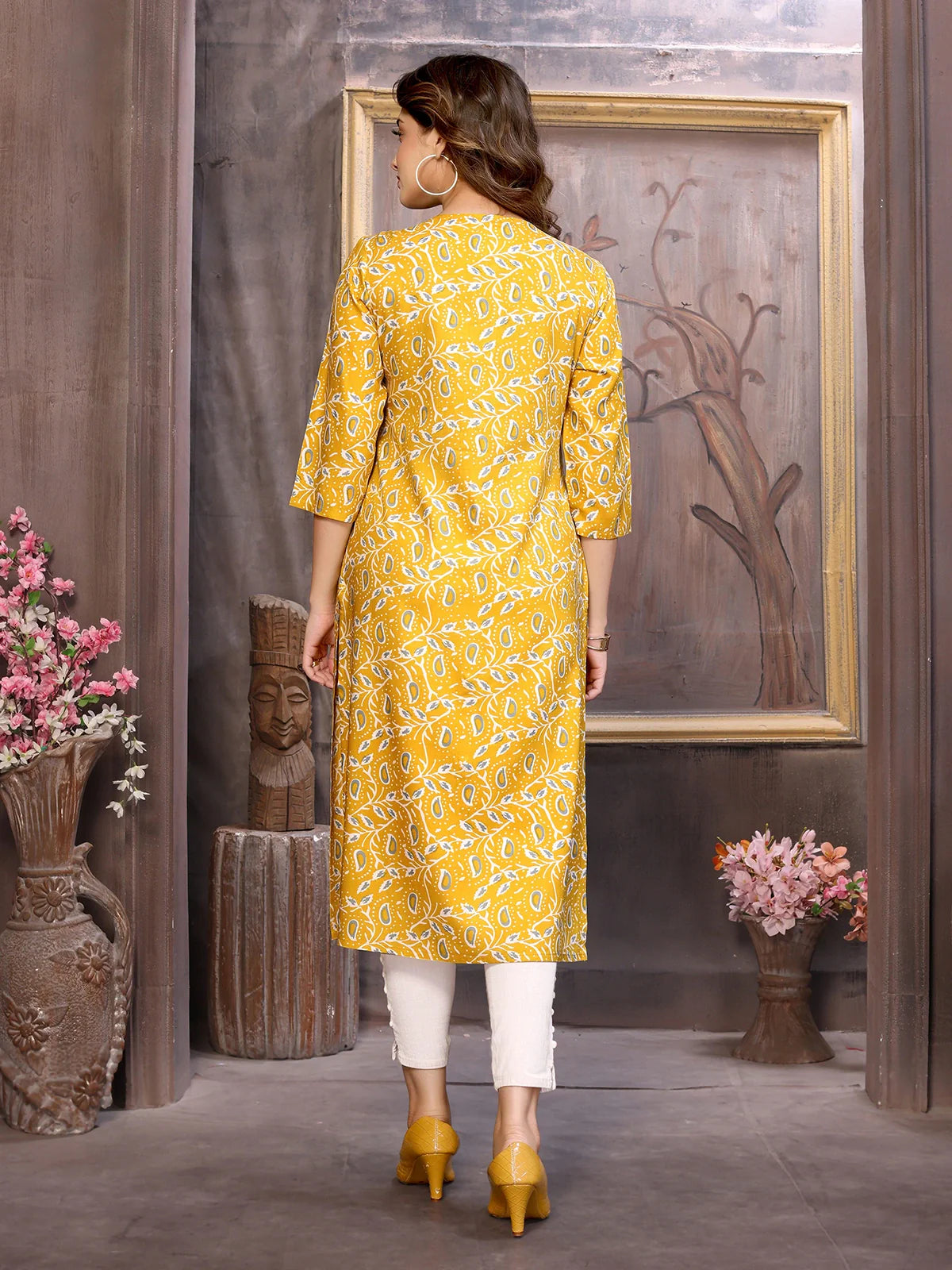 Buy Rayon Printed Calf Length Straight Kurta-Mustard