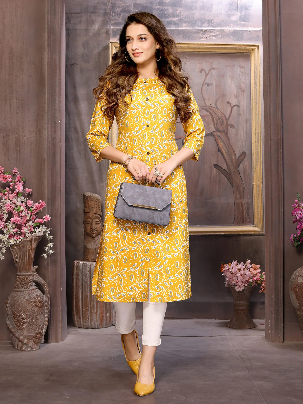 Buy Rayon Printed Calf Length Straight Kurta-Mustard