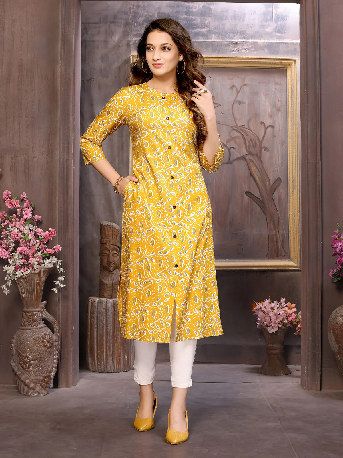 Buy Rayon Printed Calf Length Straight Kurta-Mustard