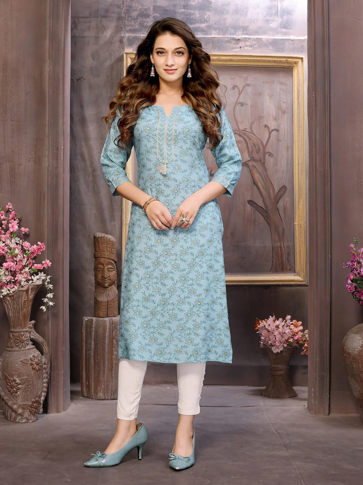 Buy Rayon Printed Calf Length Straight Kurta-Mint Green