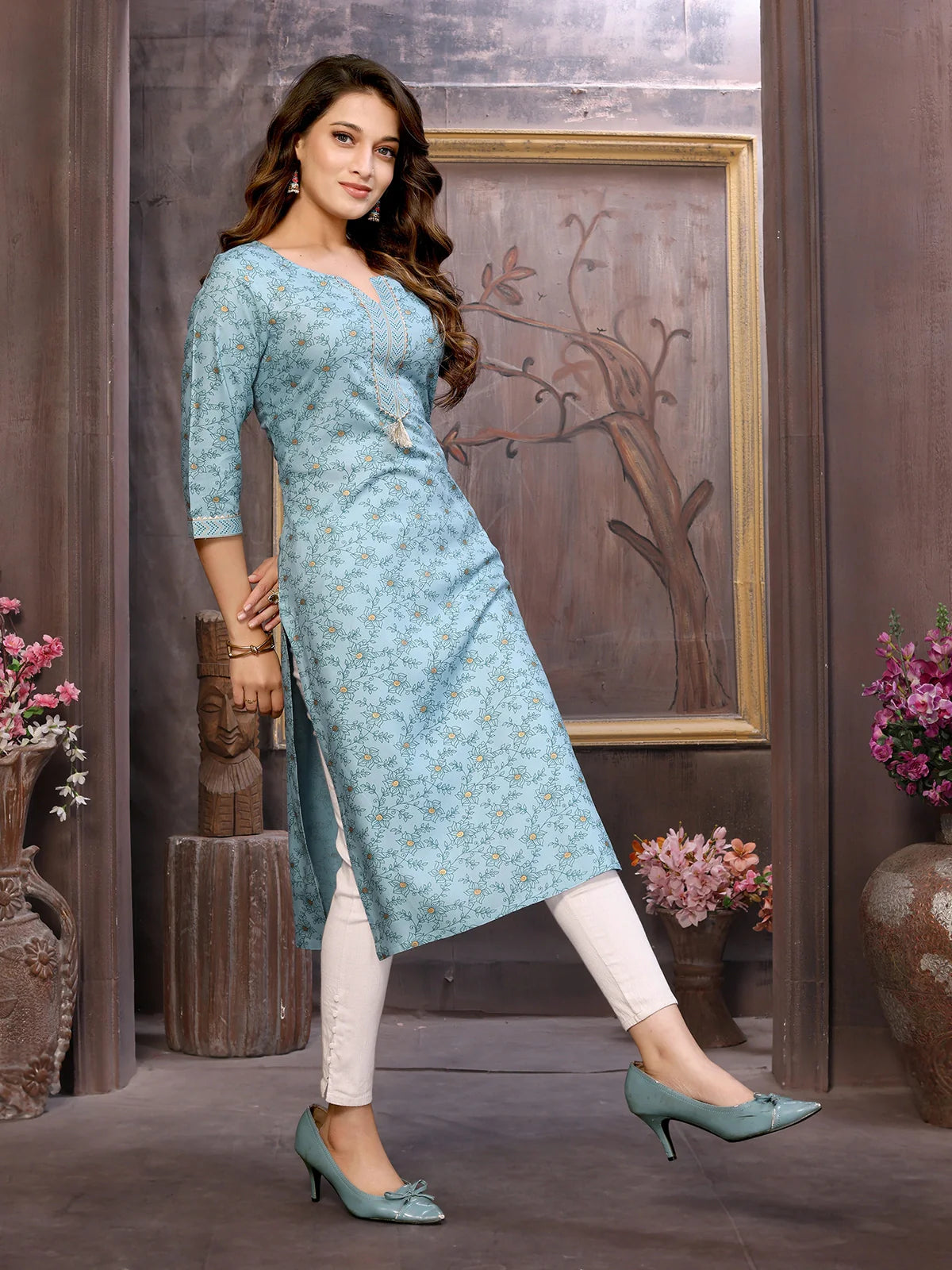 Buy Rayon Printed Calf Length Straight Kurta-Mint Green